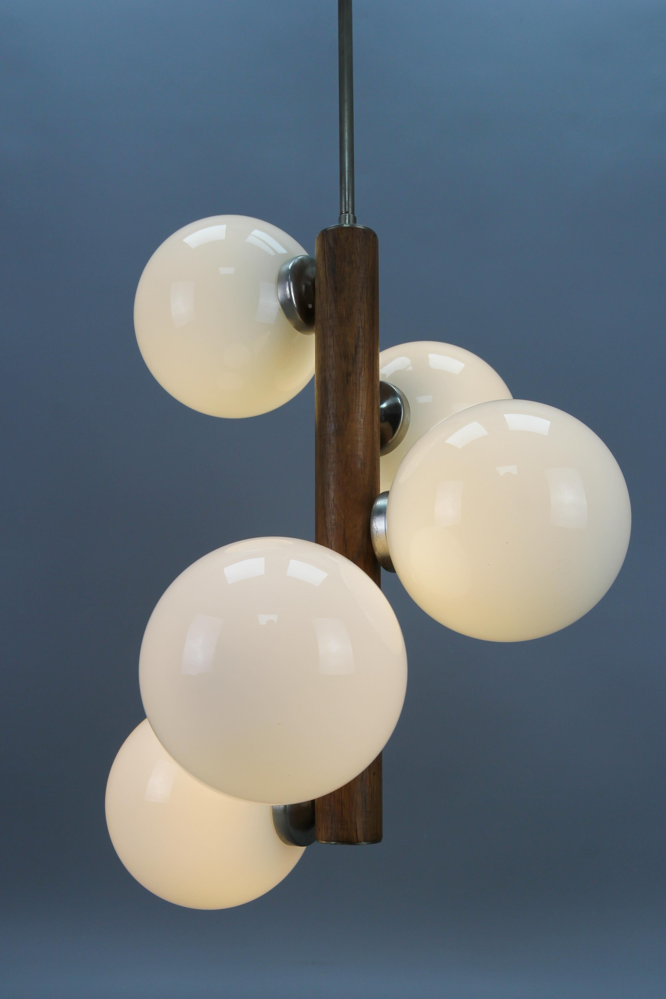 Mid-Century Modern Atomic White Glass Globes Five-Light Pendant Lamp 12