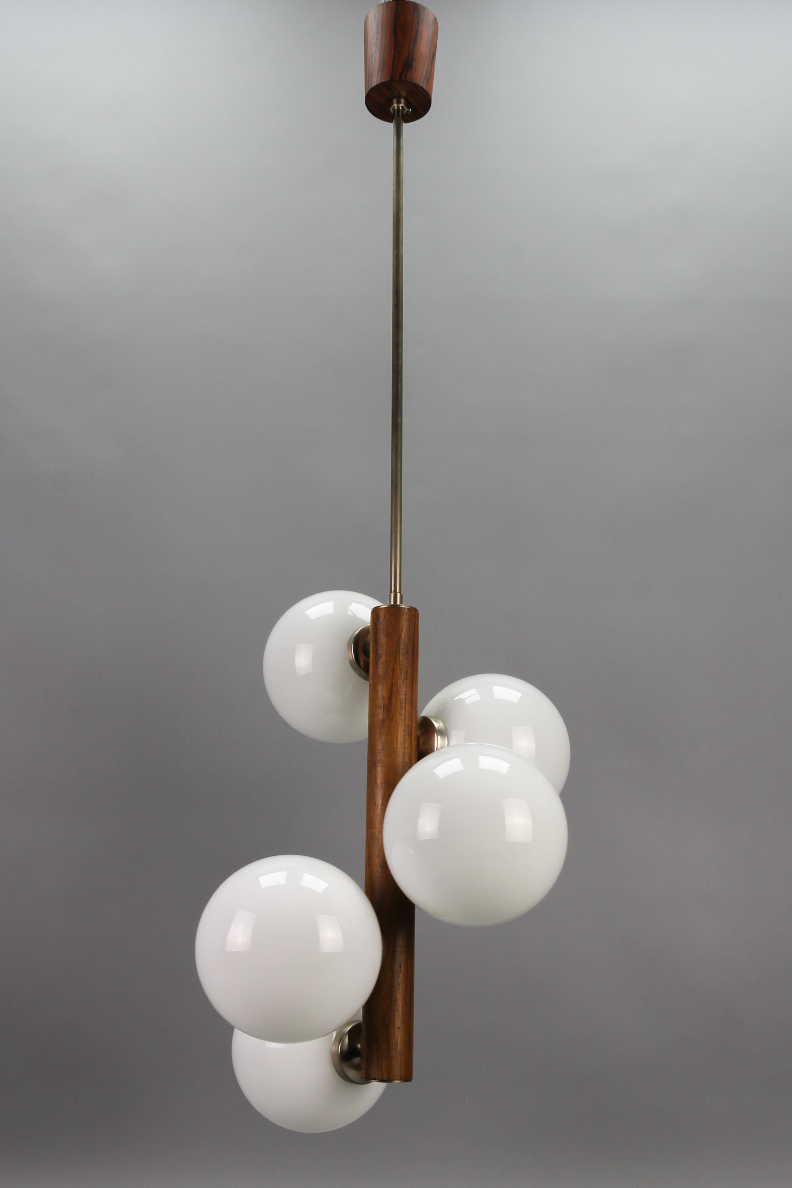 German Mid-Century Modern Atomic White Glass Globes Five-Light Pendant Lamp