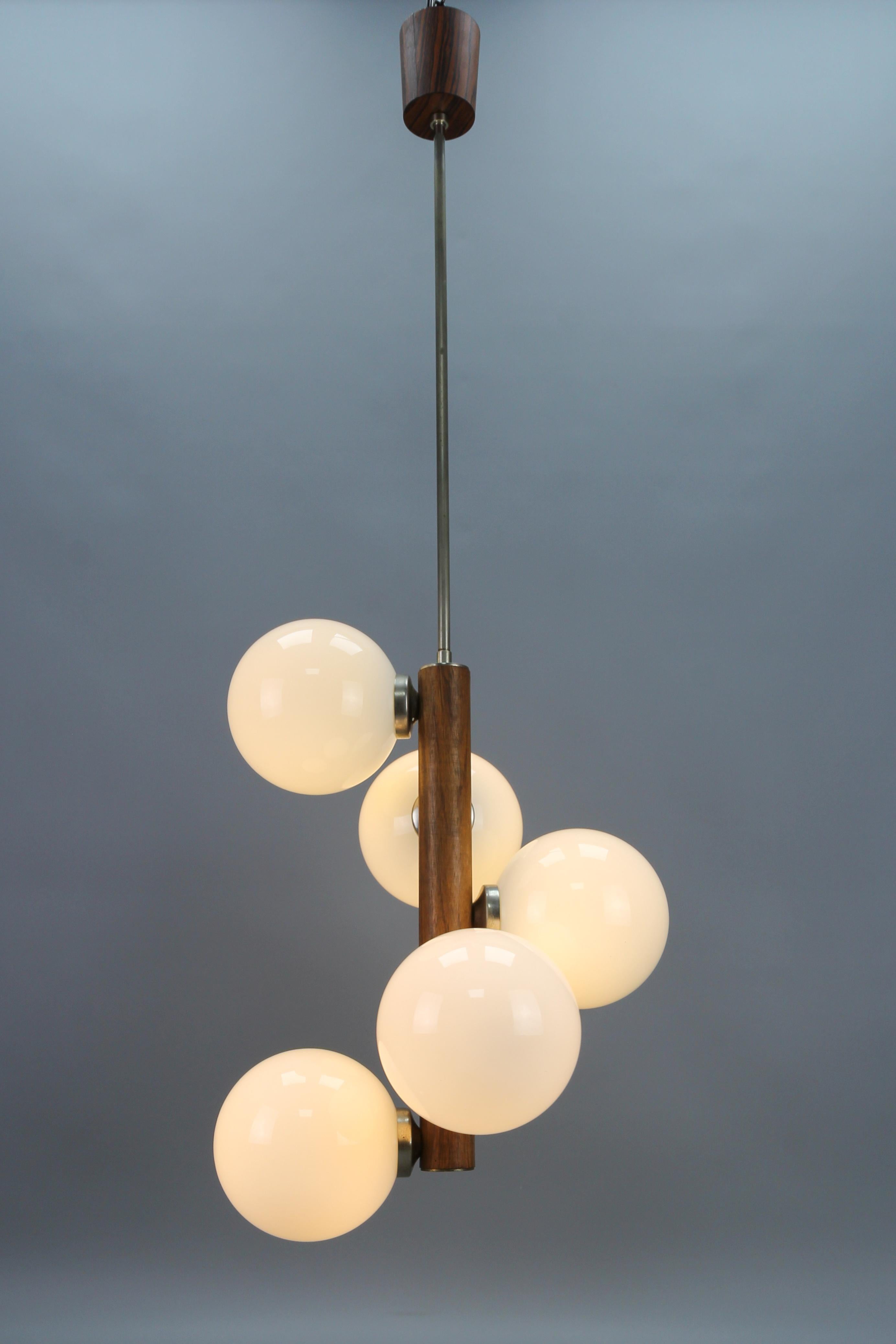 Late 20th Century Mid-Century Modern Atomic White Glass Globes Five-Light Pendant Lamp