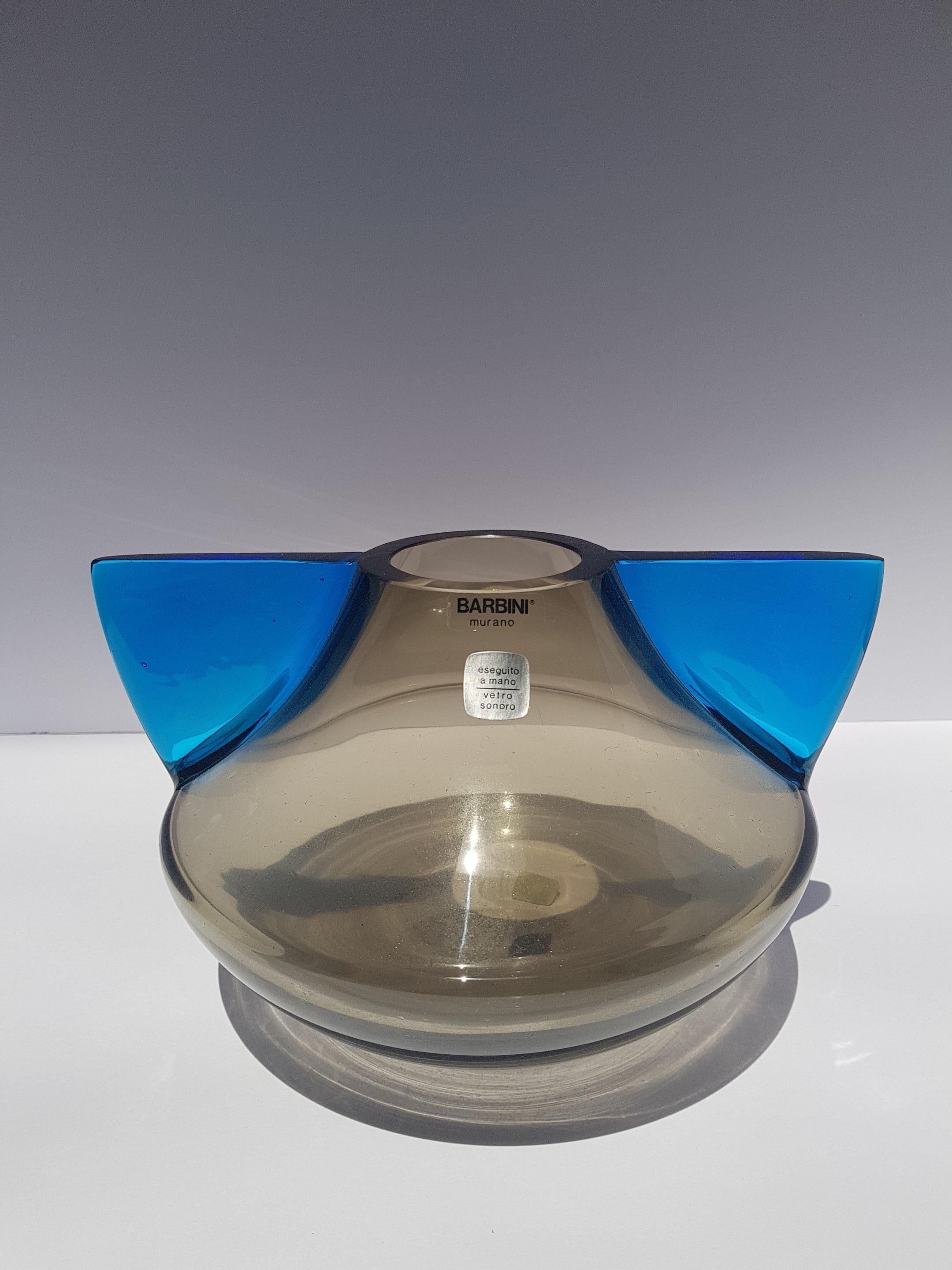 Mid-Century moderno Vaso di vetro artistico alato atomico di metà secolo Barbini Murano Italia Blu Grigio in vendita