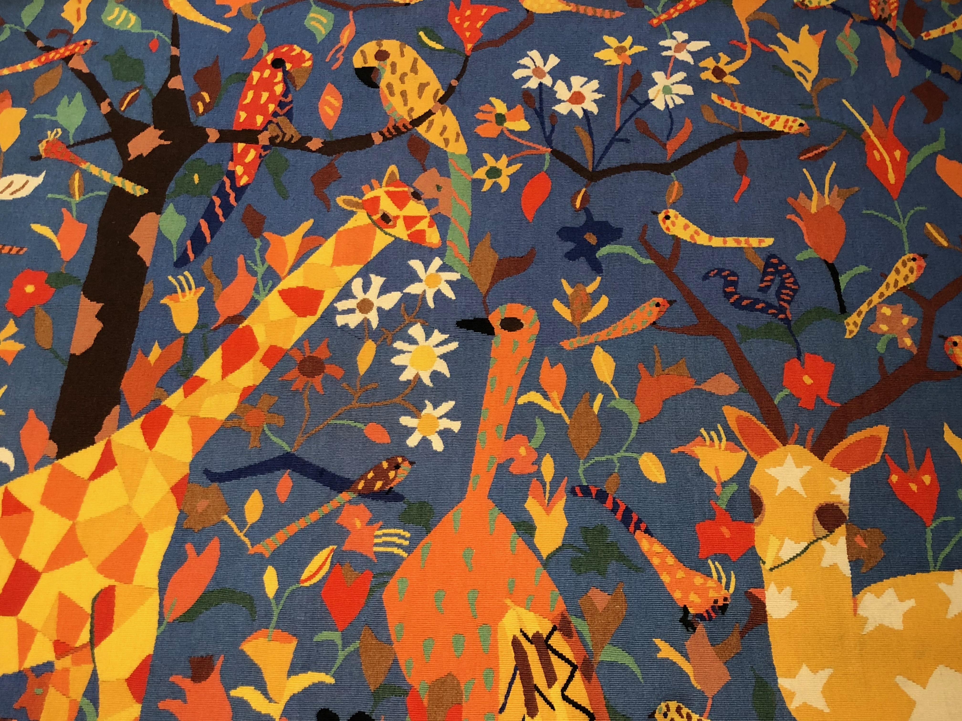 Charming Mid-Century tapestry designed by Maurice Ferreol (1906-1969) and woven at Atelier Legouiex in Aubusson, France. Woven in wool, it dates to 1953 and titled 