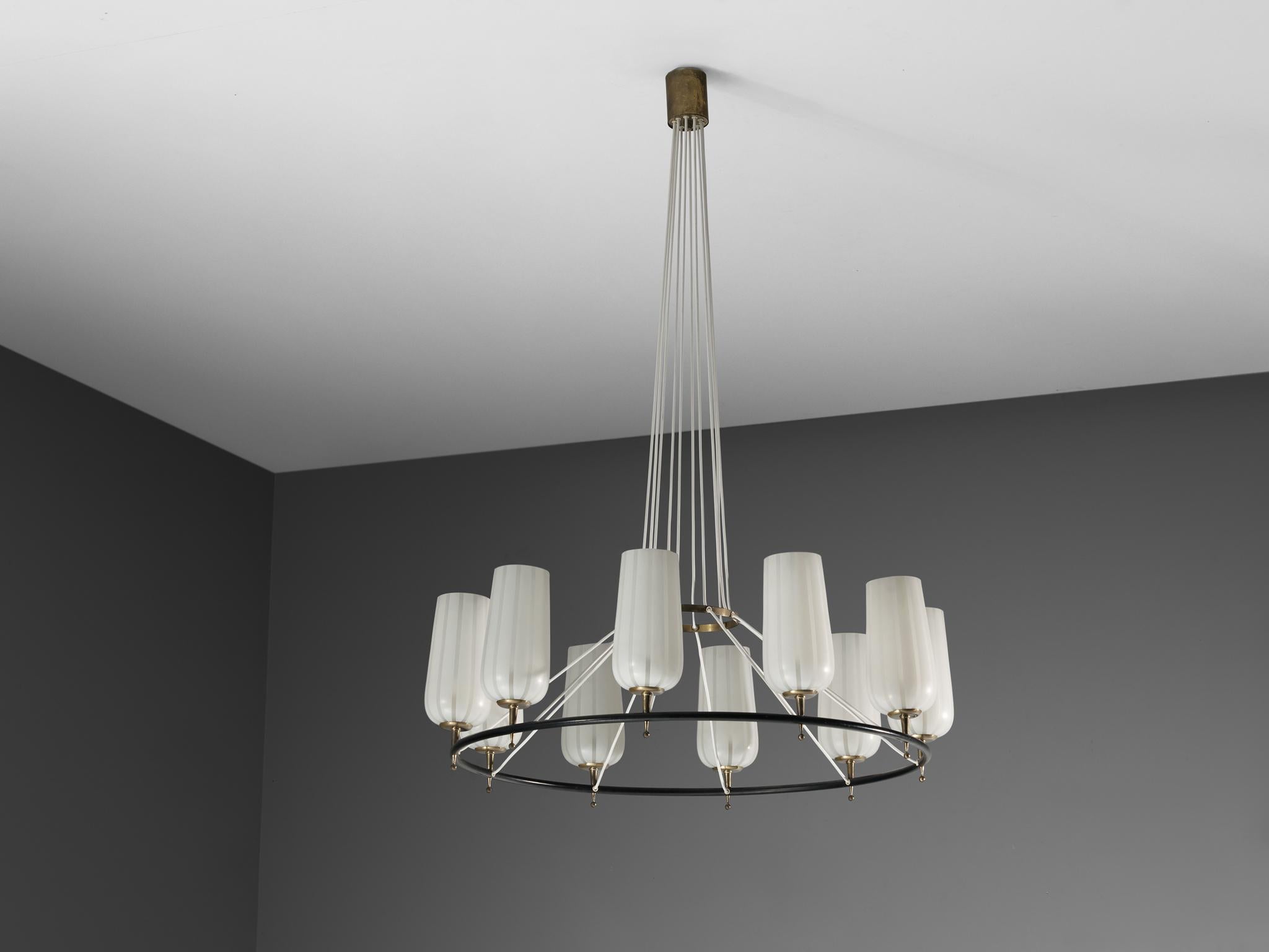 Mid-Century Modern Austrian Chandelier in Striped Satin Glass and Brass For Sale 6
