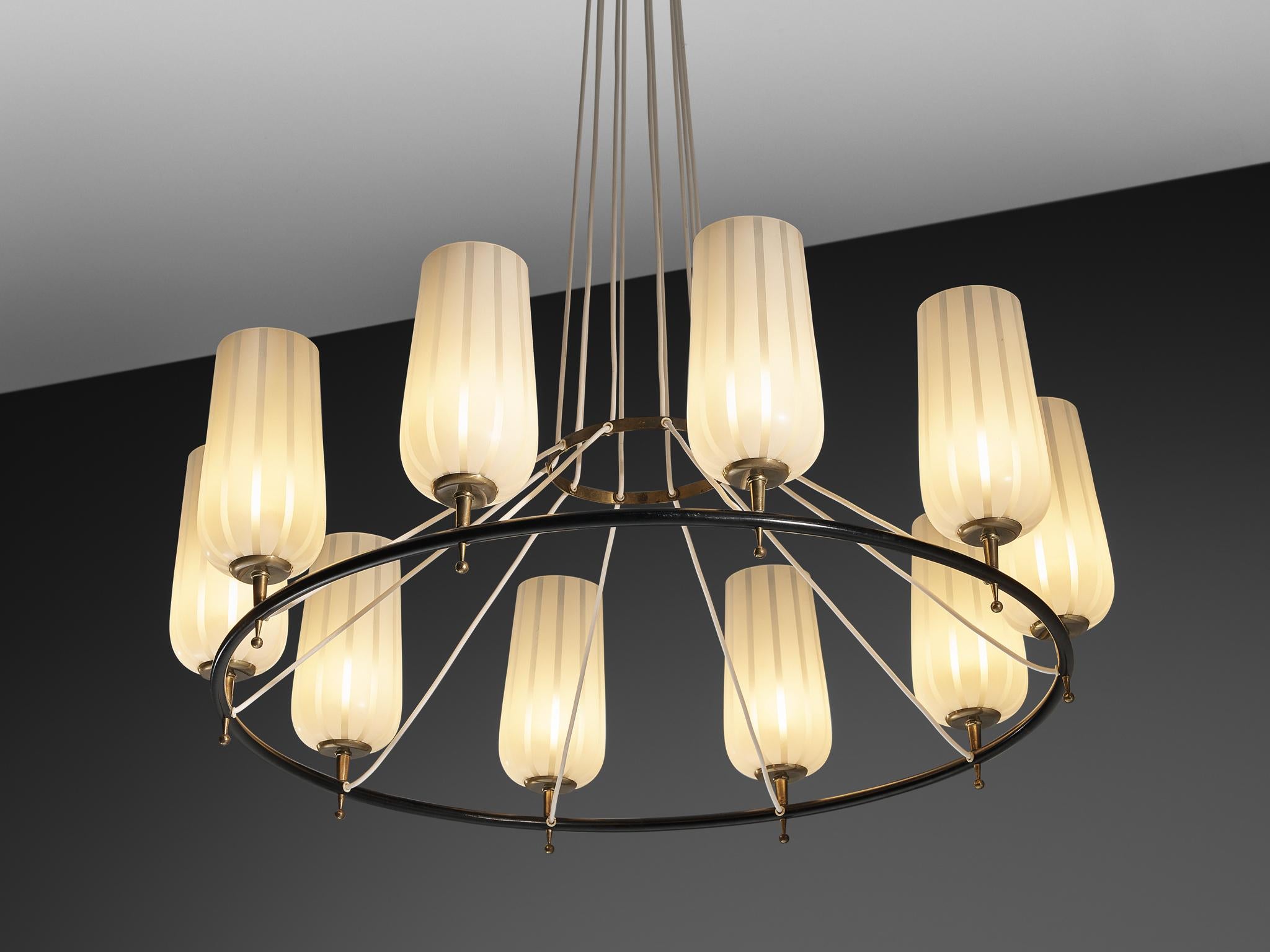 Mid-Century Modern Austrian Chandelier in Striped Satin Glass and Brass In Good Condition For Sale In Waalwijk, NL