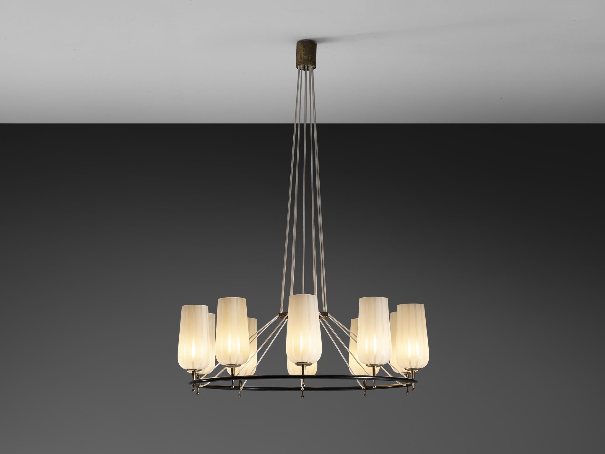 Mid-Century Modern Austrian Chandelier in Striped Satin Glass and Brass For Sale 1