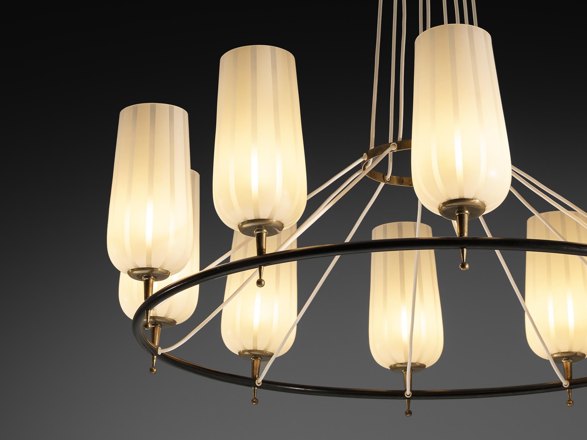 Mid-Century Modern Austrian Chandelier in Striped Satin Glass and Brass For Sale 2