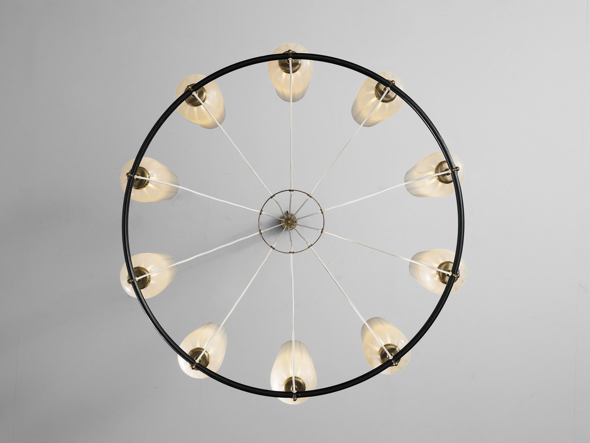 Mid-Century Modern Austrian Chandelier in Striped Satin Glass and Brass For Sale 4