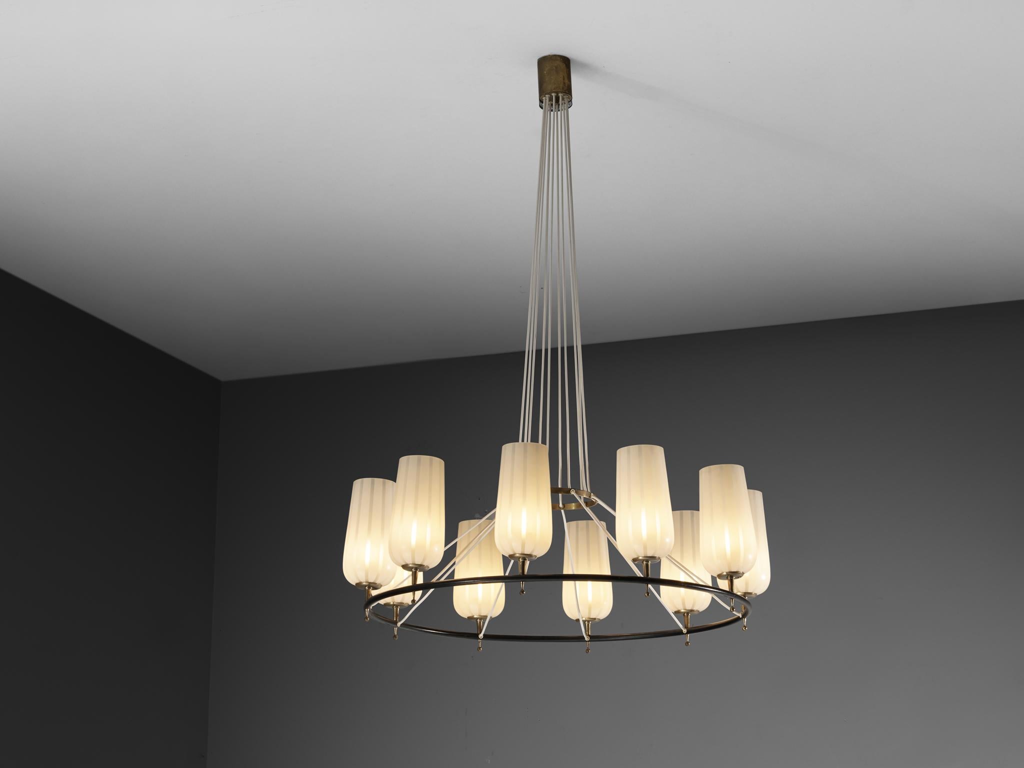 Mid-Century Modern Austrian Chandelier in Striped Satin Glass and Brass For Sale 5