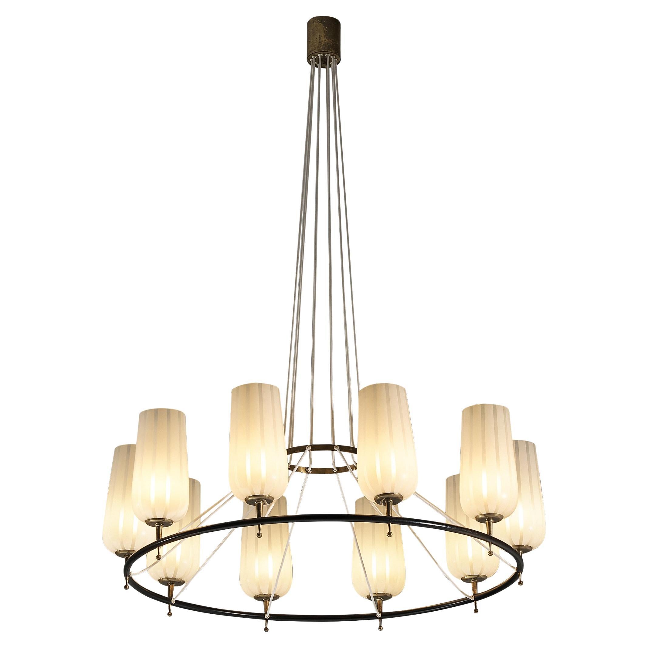Mid-Century Modern Austrian Chandelier in Striped Satin Glass and Brass