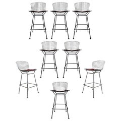 Vintage Mid-Century Modern Authentic Knoll Set of 8 Chrome Metal Wire Bar Stools, 1970s