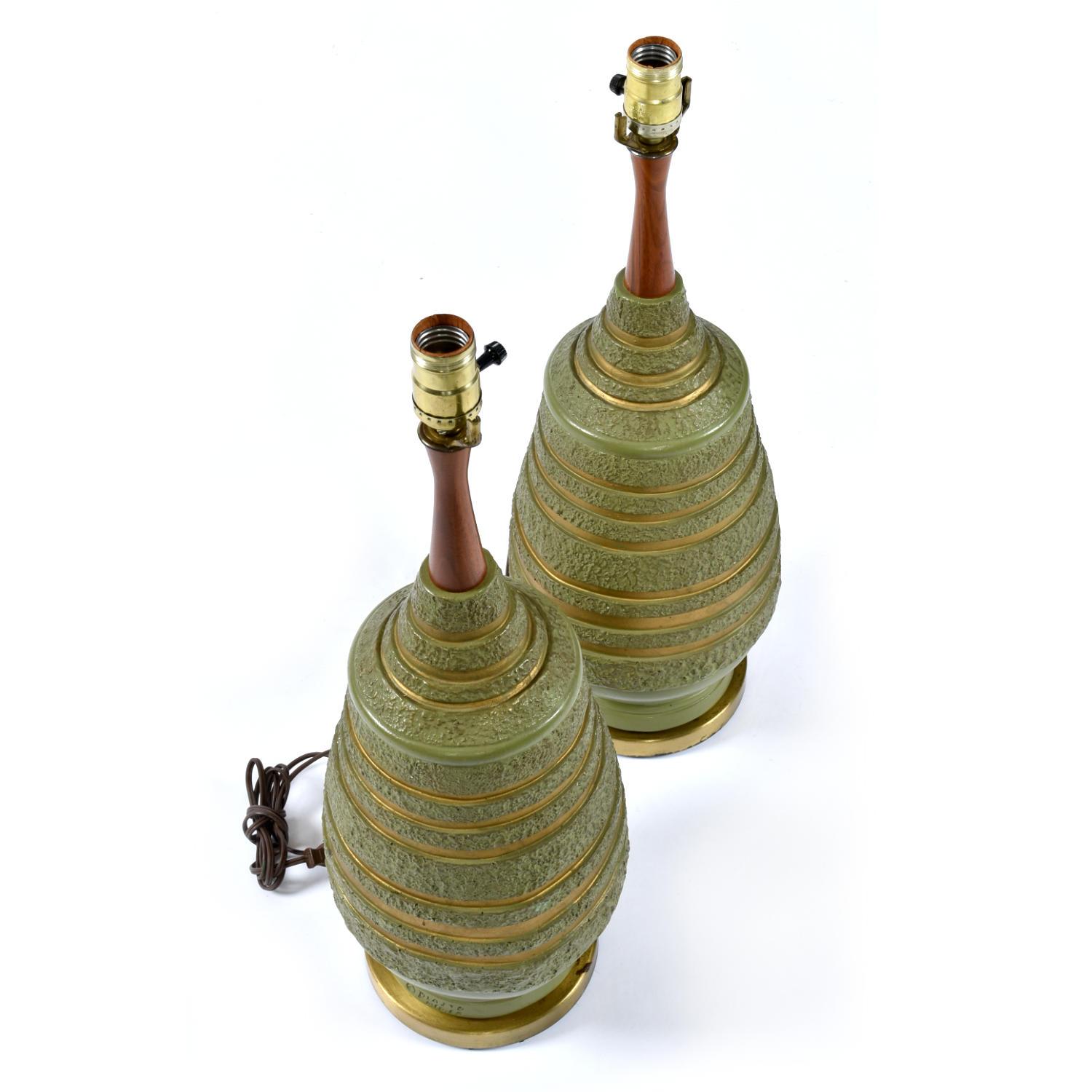 Mid-20th Century Mid-Century Modern Avacado Green and Gold Plasto Lamps with Original Shades For Sale