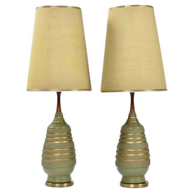 1 of the 2 XL Glass Green Shaped Table Lamps with Rattan Lampshades R ...