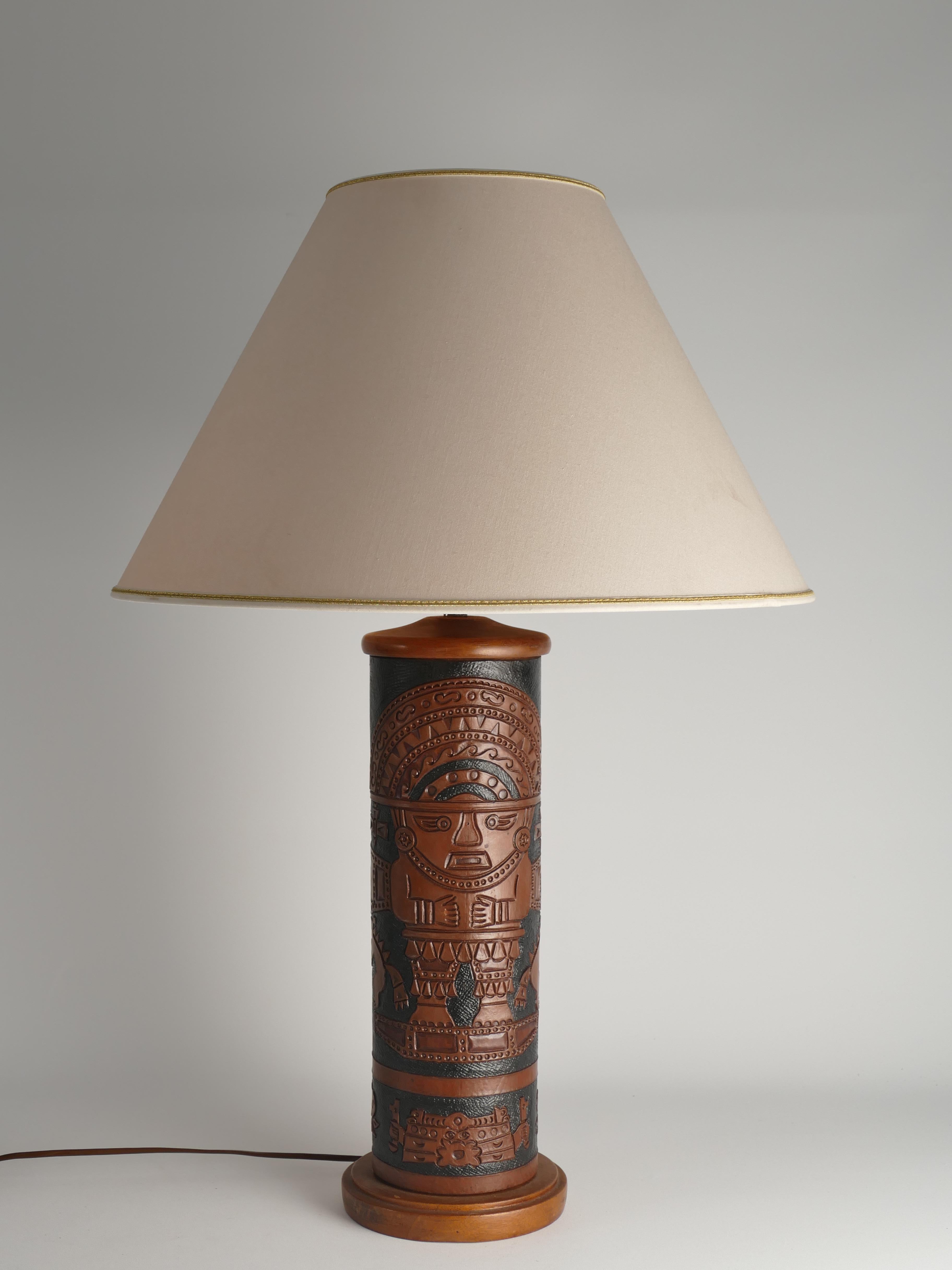 Mid-Century Modern Aztec Motif Hand Tooled Leather Table Lamp For Sale 5