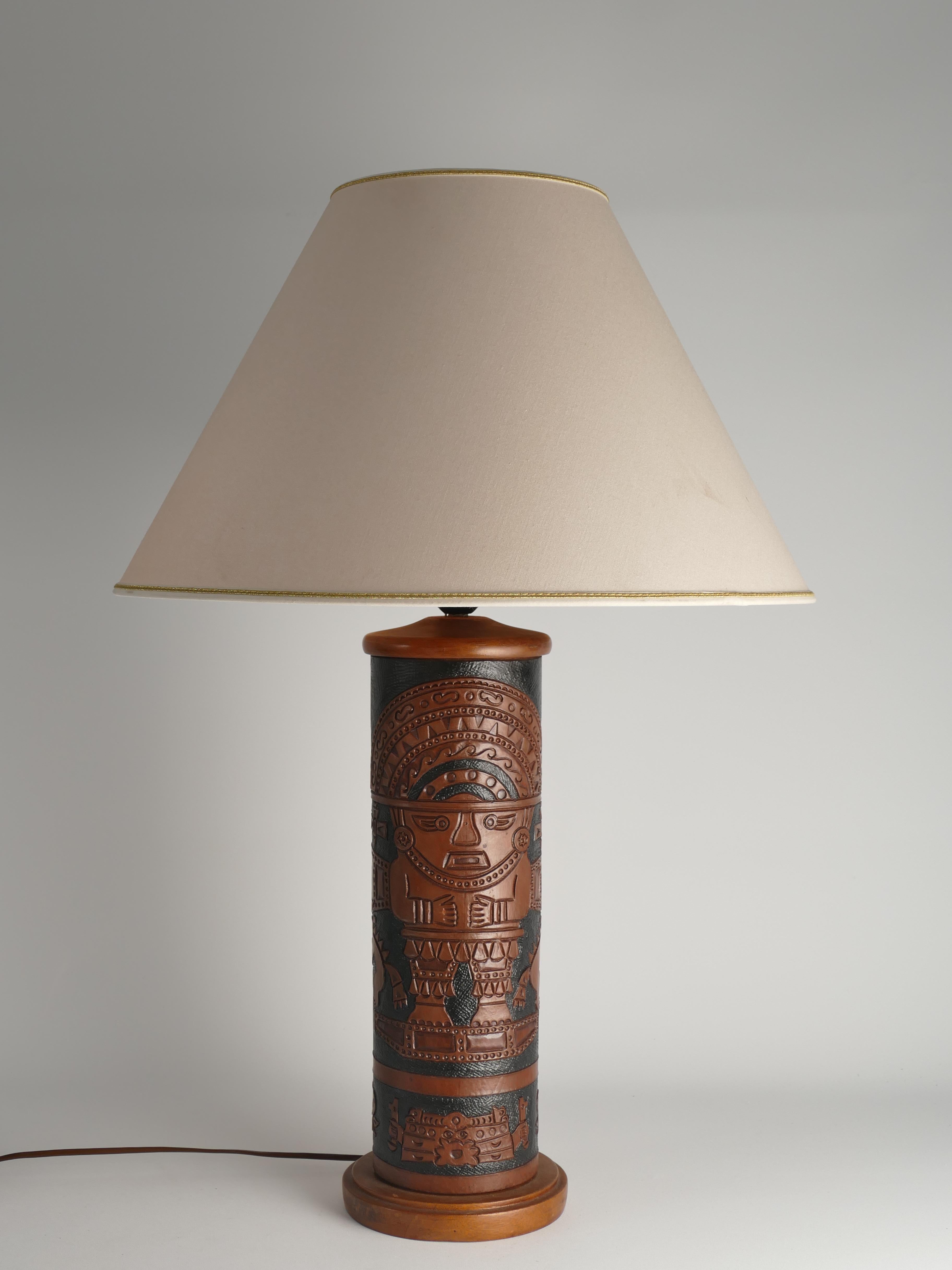 Mid-Century Modern Aztec Motif Hand Tooled Leather Table Lamp For Sale 6