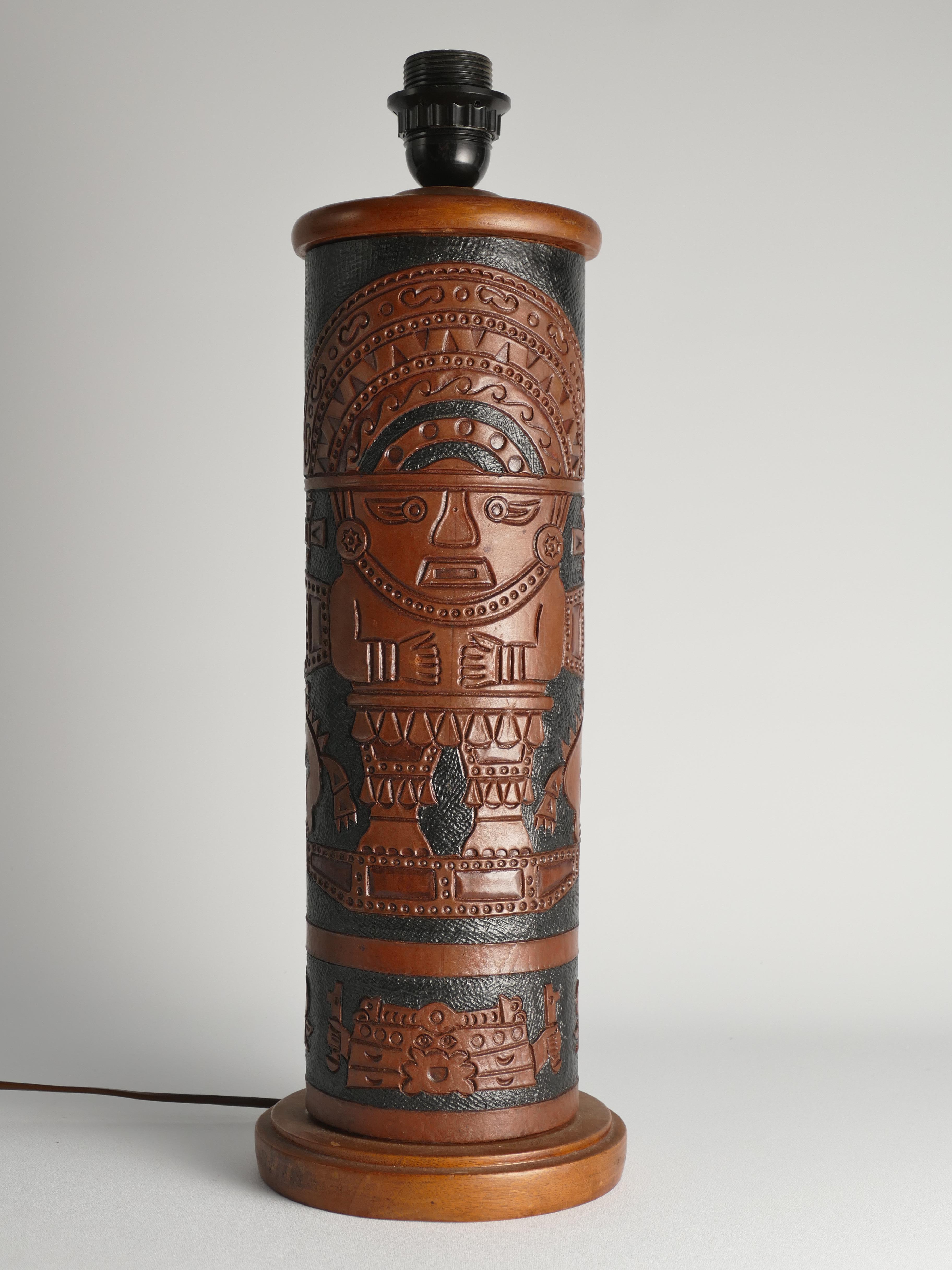 Mid-Century Modern Aztec Motif Hand Tooled Leather Table Lamp For Sale 13