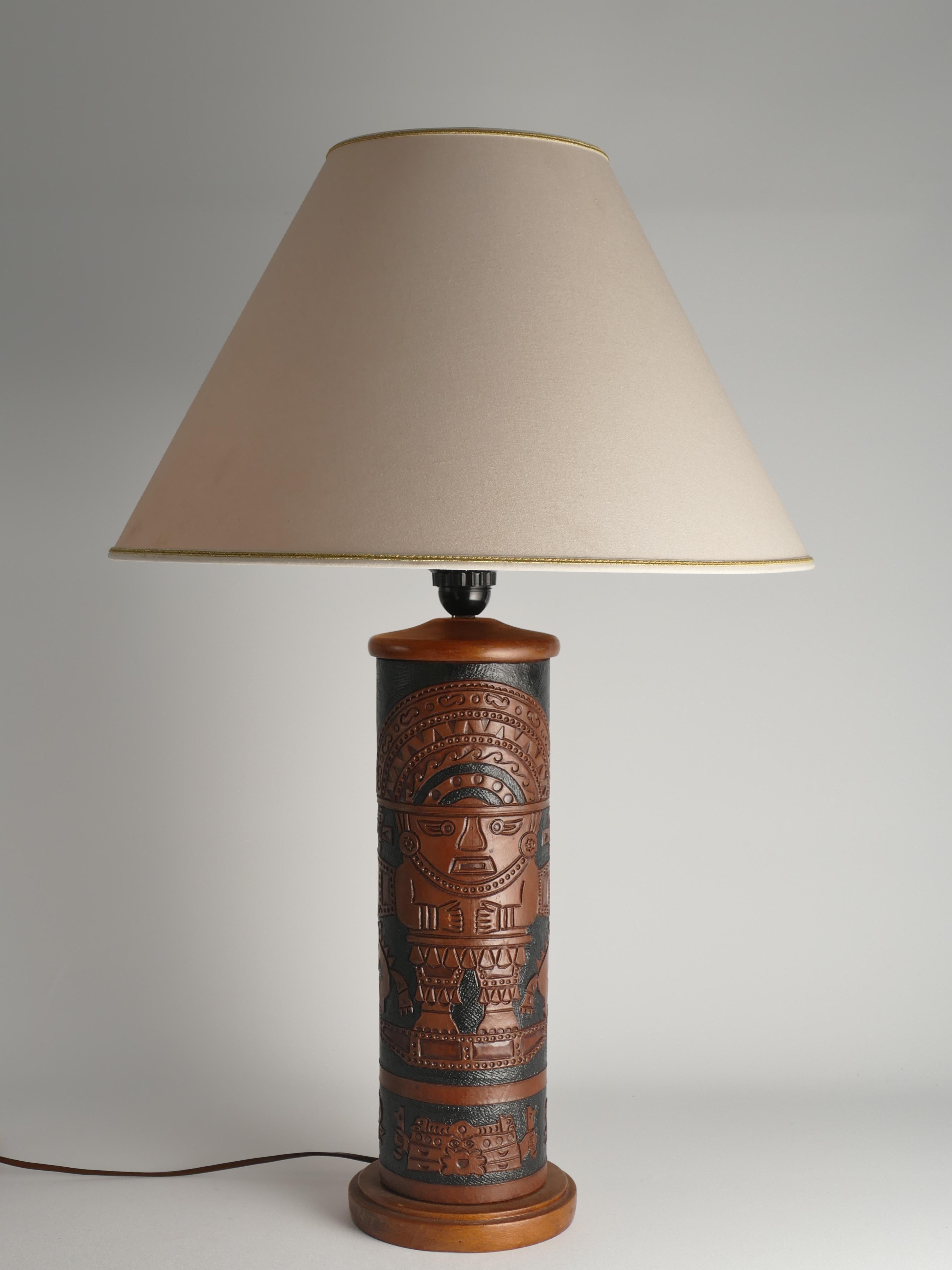 Unknown Mid-Century Modern Aztec Motif Hand Tooled Leather Table Lamp For Sale