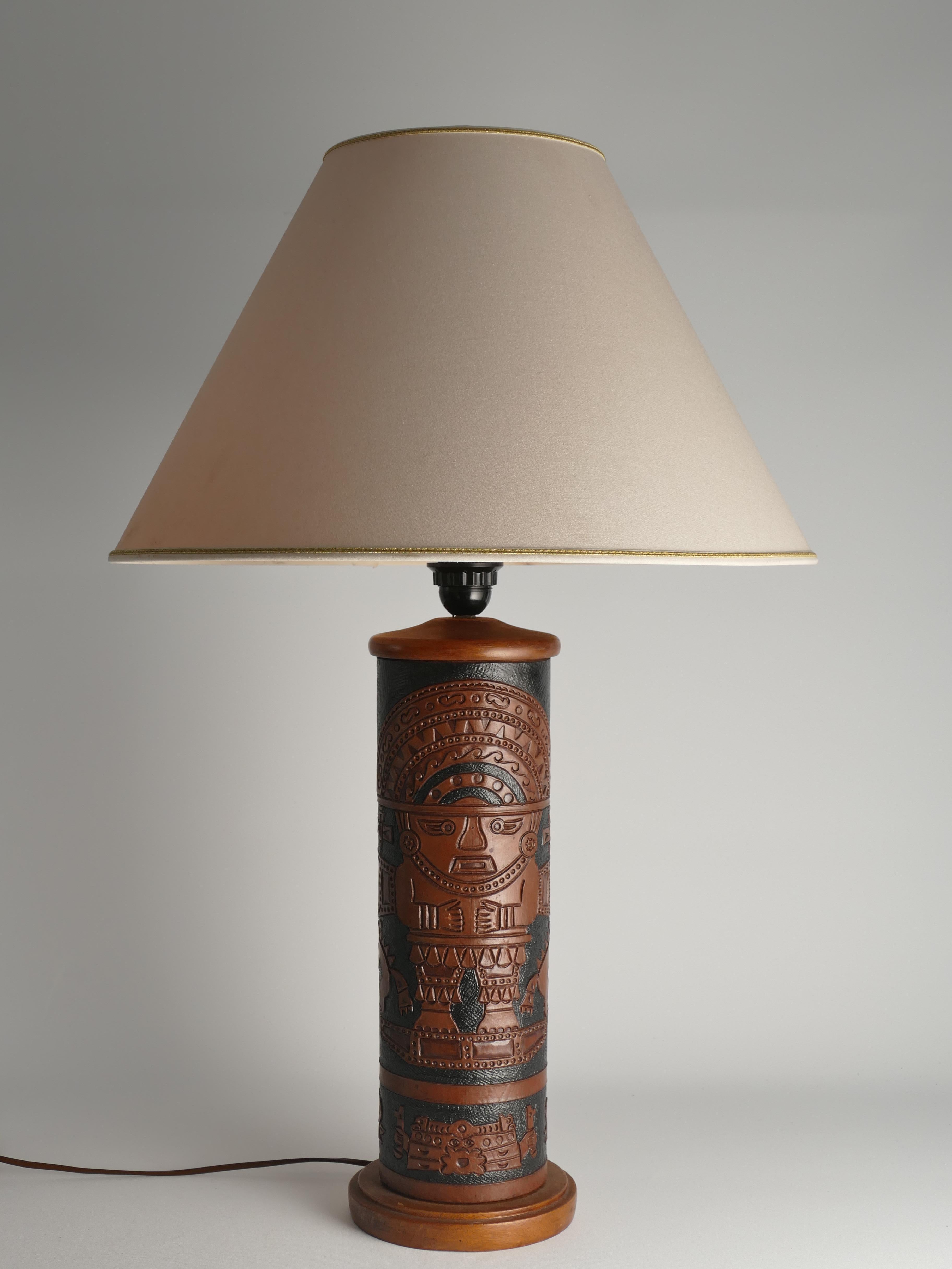 Hand-Crafted Mid-Century Modern Aztec Motif Hand Tooled Leather Table Lamp For Sale
