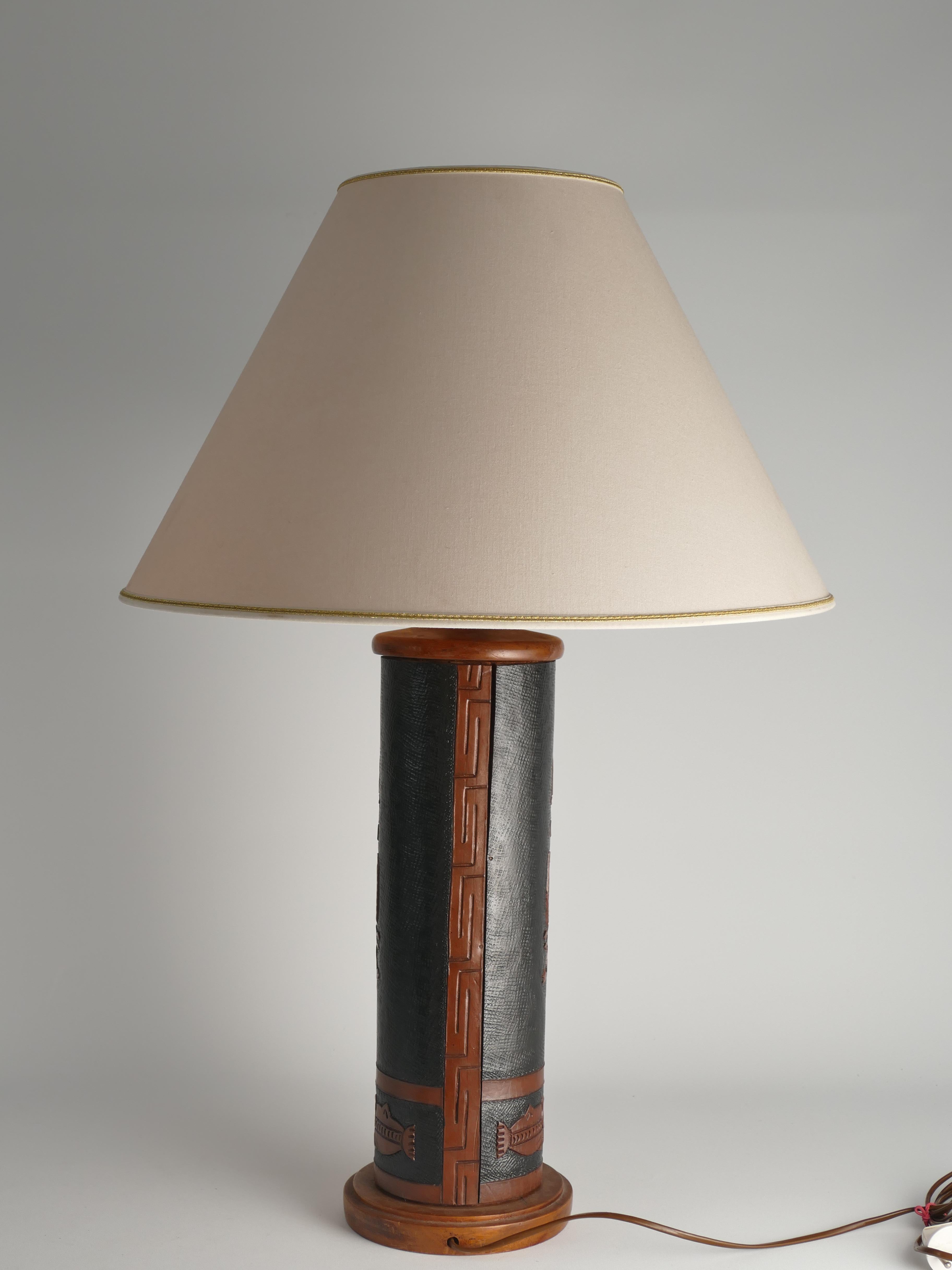 Late 20th Century Mid-Century Modern Aztec Motif Hand Tooled Leather Table Lamp For Sale