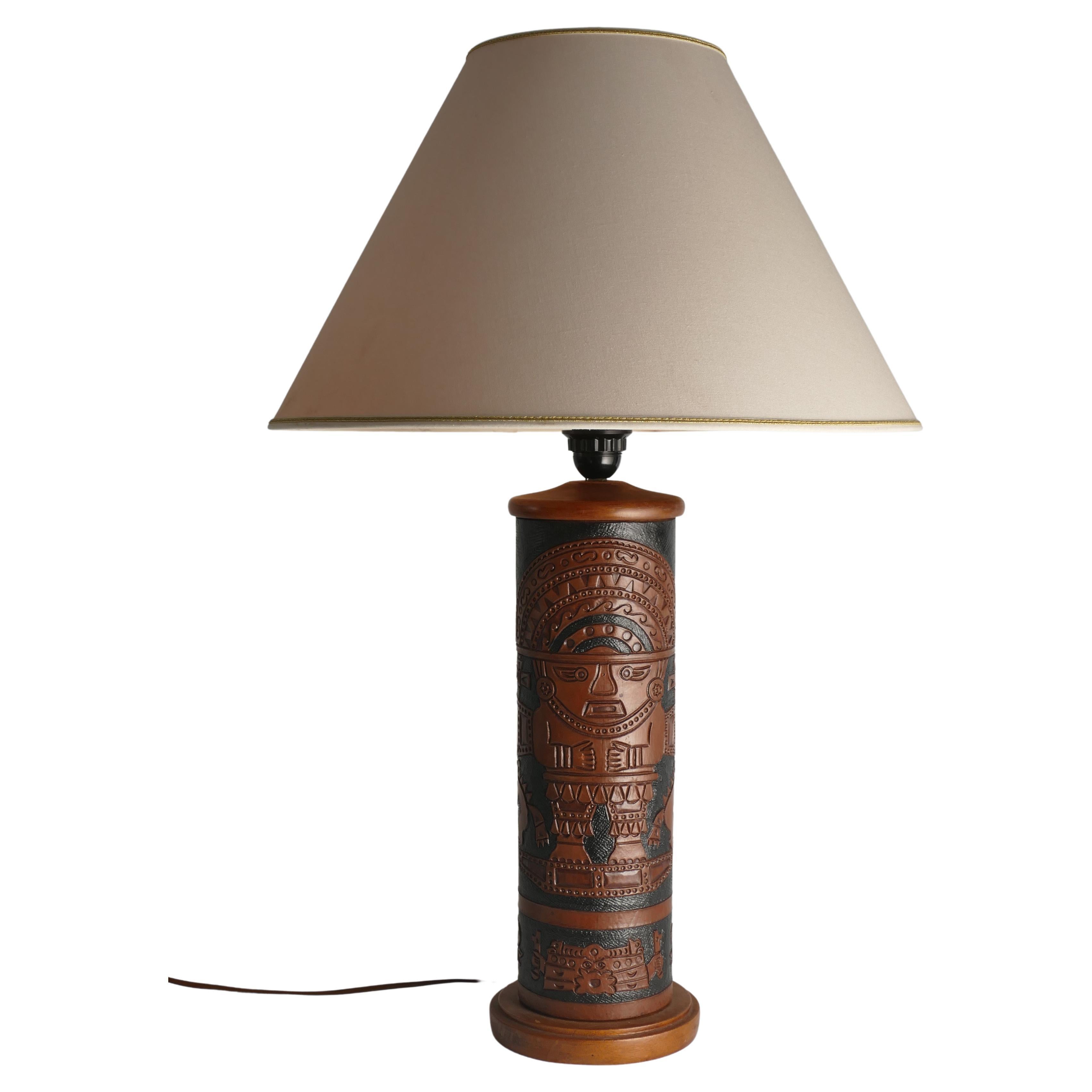 Mid-Century Modern Aztec Motif Hand Tooled Leather Table Lamp For Sale