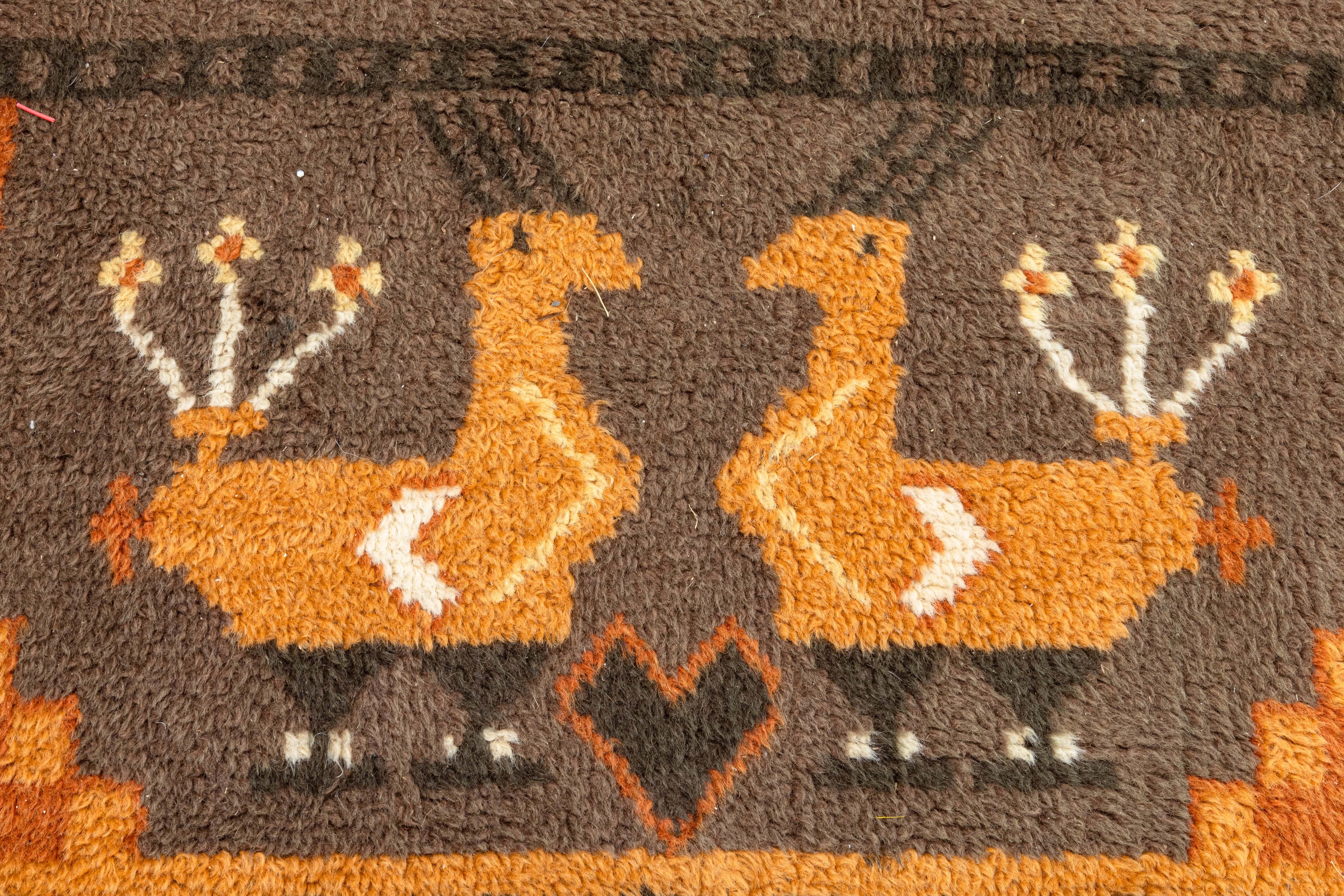 Unknown Mid Century Modern Aztec Style Vintage Brown and Orange Area Rug Fiber Carpet For Sale