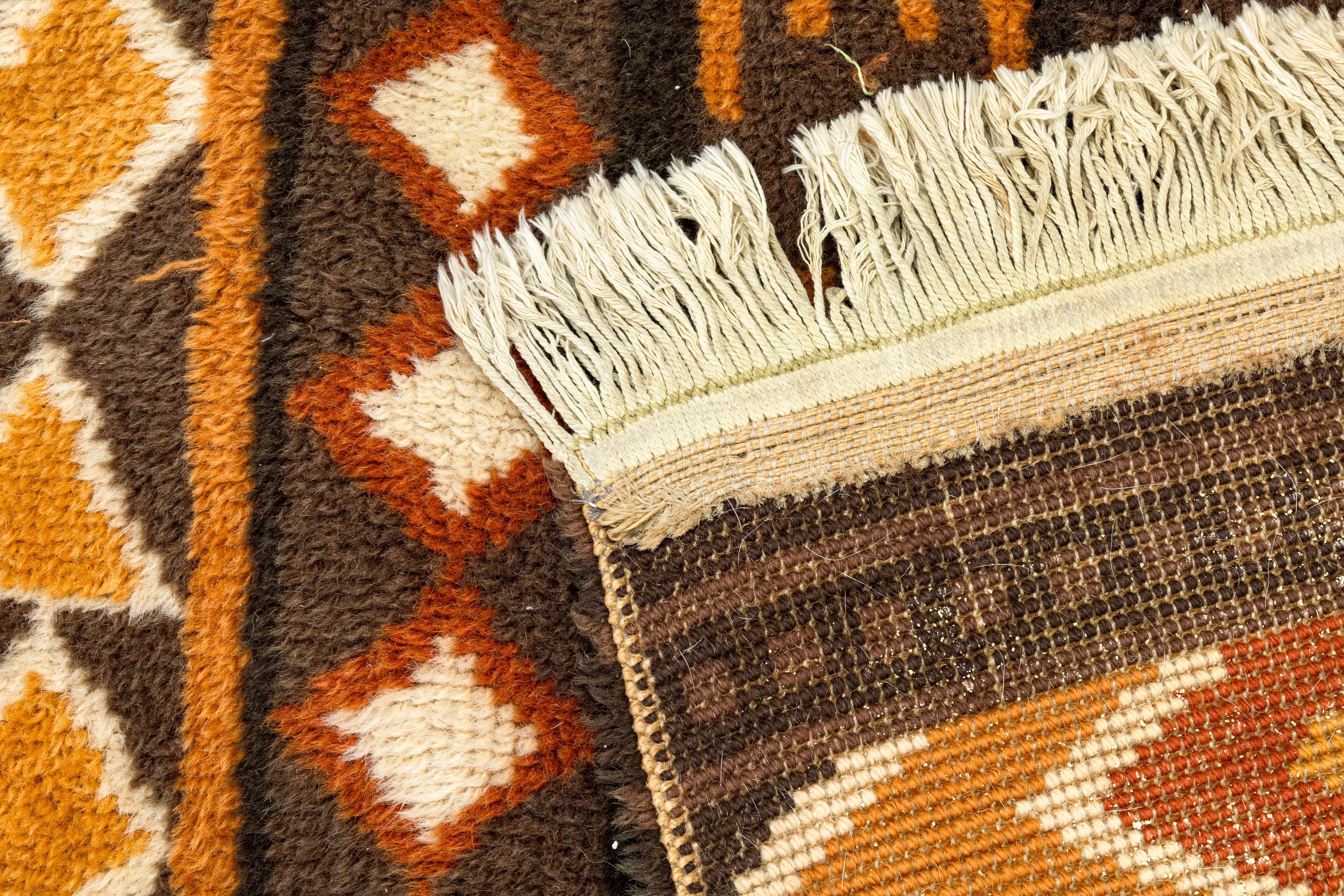 Mid Century Modern Aztec Style Vintage Brown and Orange Area Rug Fiber Carpet For Sale 2