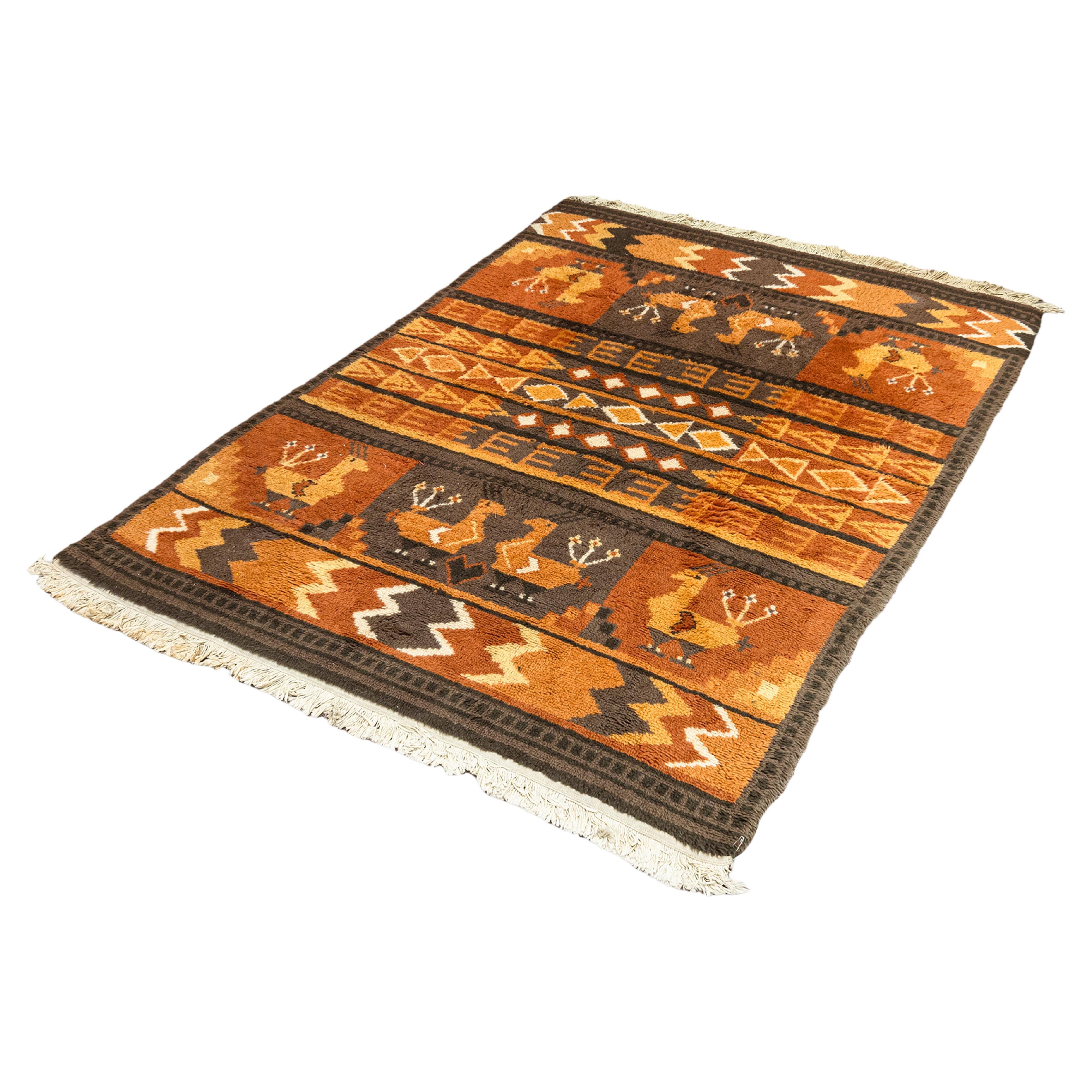 Mid Century Modern Aztec Style Vintage Brown and Orange Area Rug Fiber Carpet For Sale