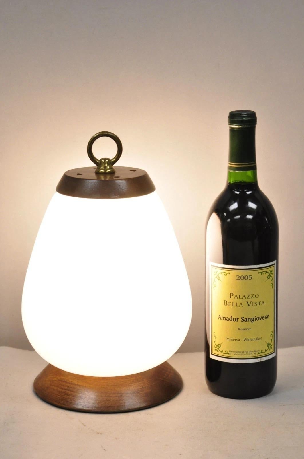 Vintage Mid Century Modern Azucena Style Small White Glass Egg Shade Walnut Table Lamp. Circa Mid 20th Century. Dimensions : 11