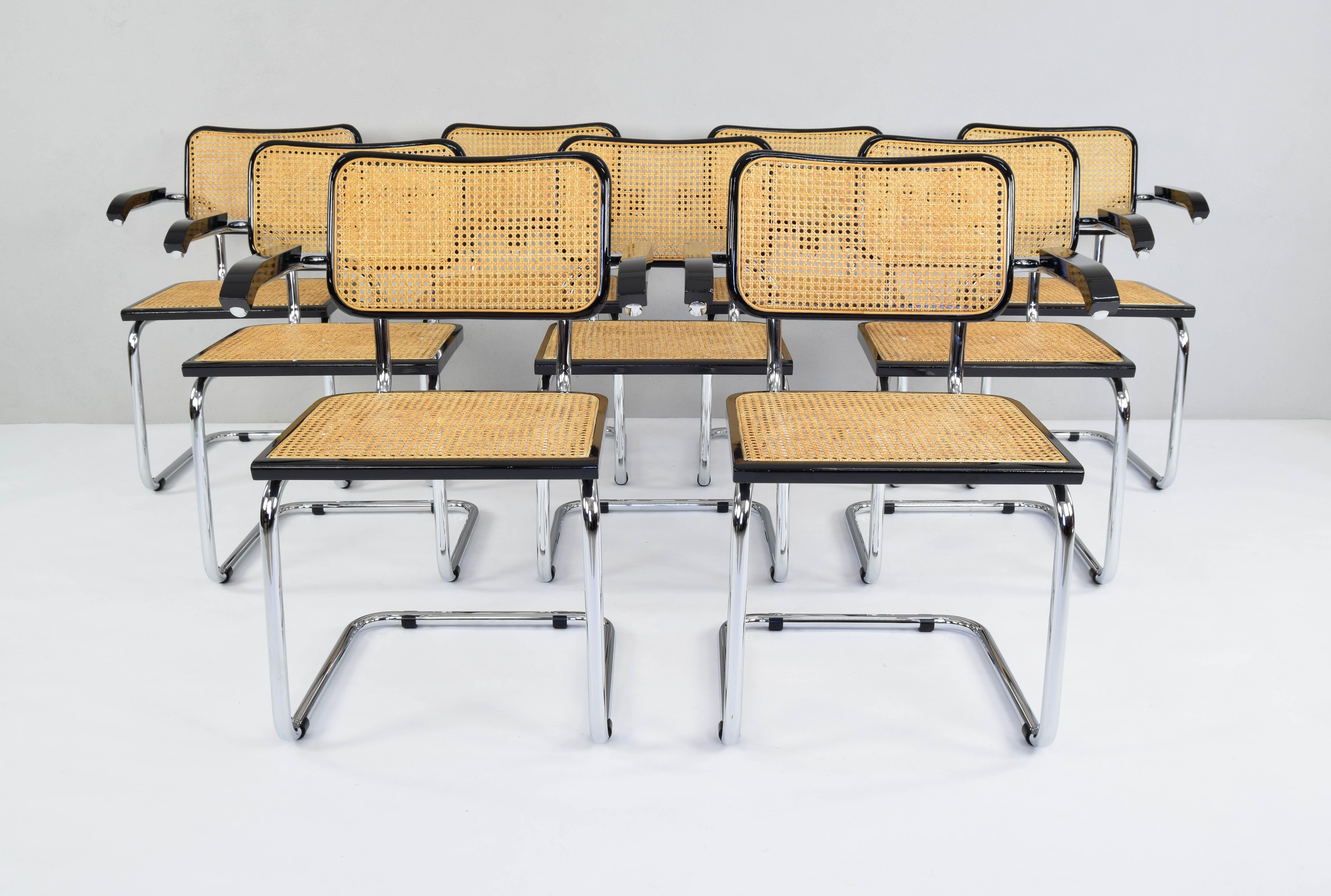 Chair model Cesca B64, with armrests. Chromed tubular structure, beechwood frames in black color and Viennese natural grid. Excellent condition in general both of the wooden frames, their natural fiber grids and the chromed structures. The nine