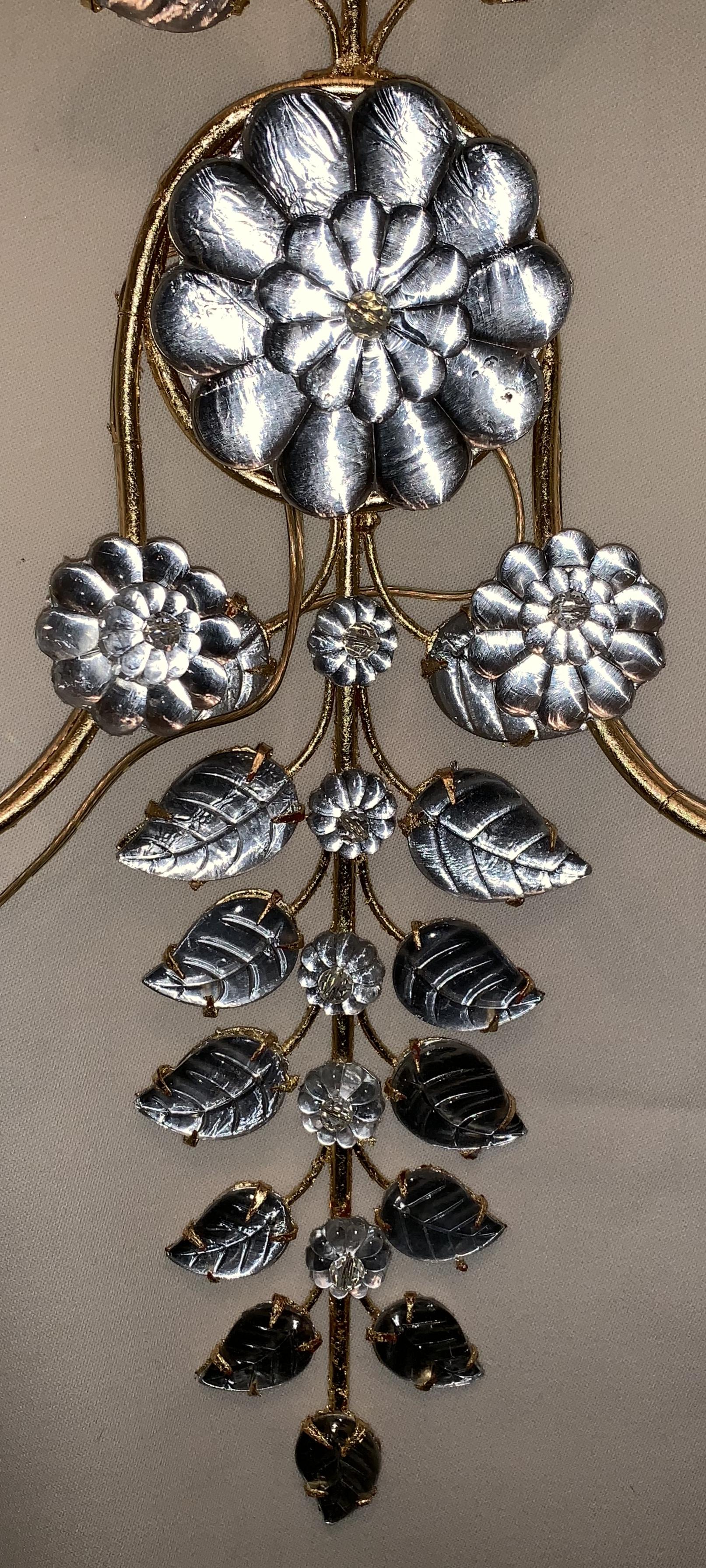 Mid-Century Modern Baguès French Rock Crystal Leaf Flower Beaded Crystal Sconces 2