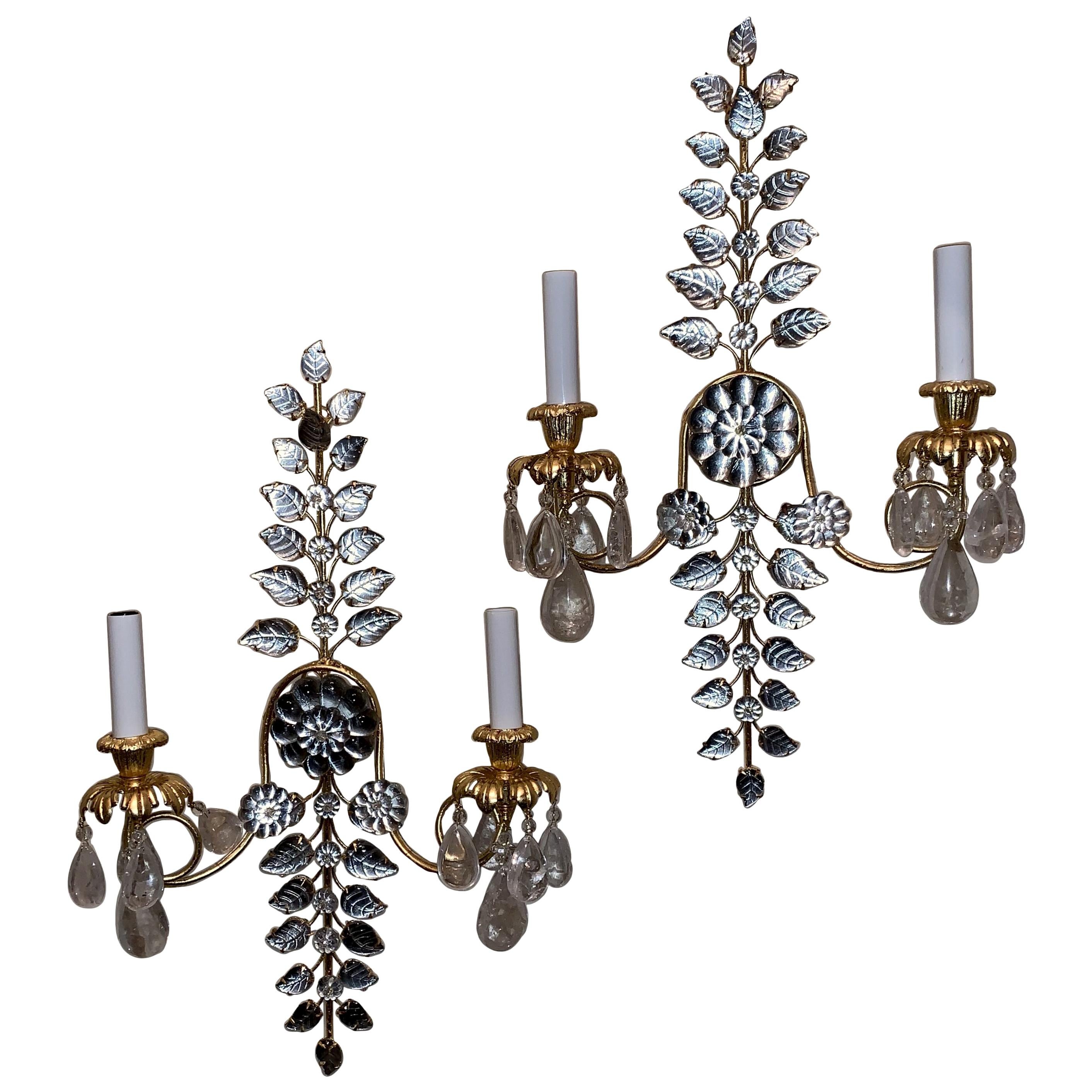 Mid-Century Modern Baguès French Rock Crystal Leaf Flower Beaded Crystal Sconces