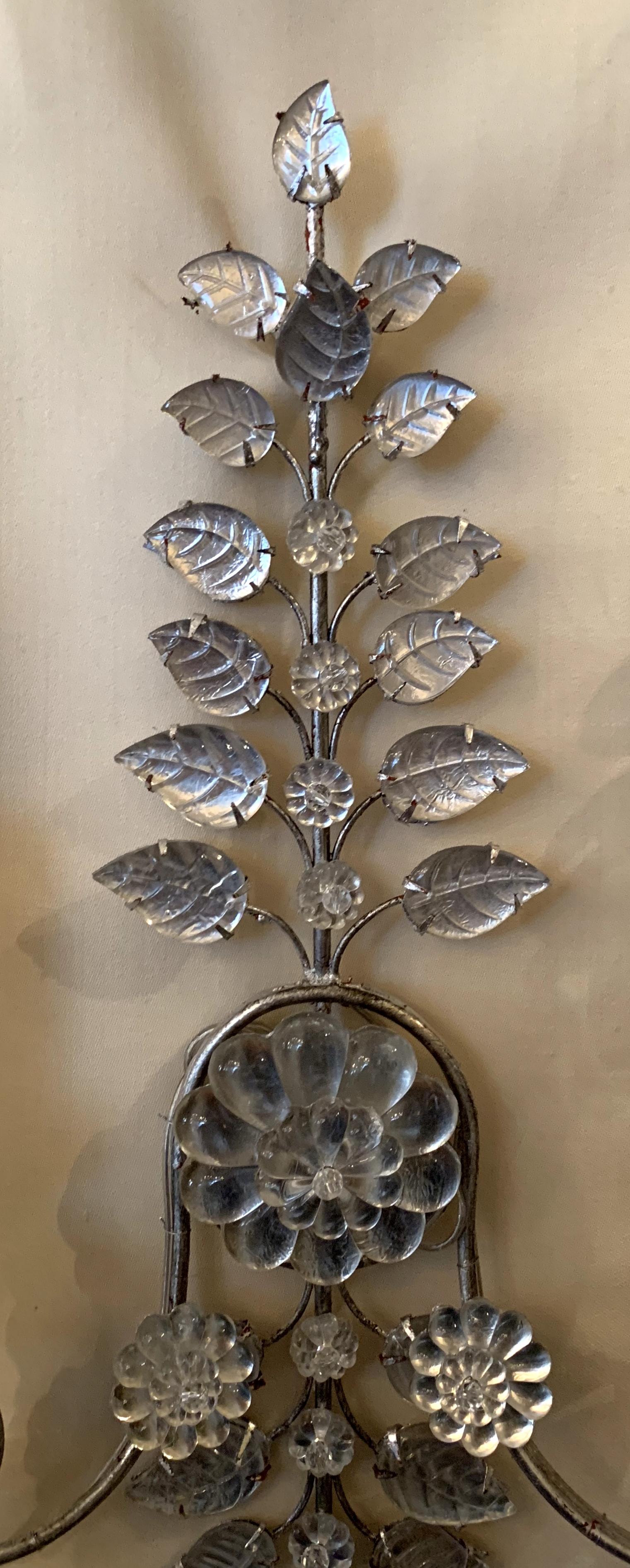 Italian Mid-Century Modern Baguès French Rock Crystal Silver Leaf Beaded Crystal Sconces