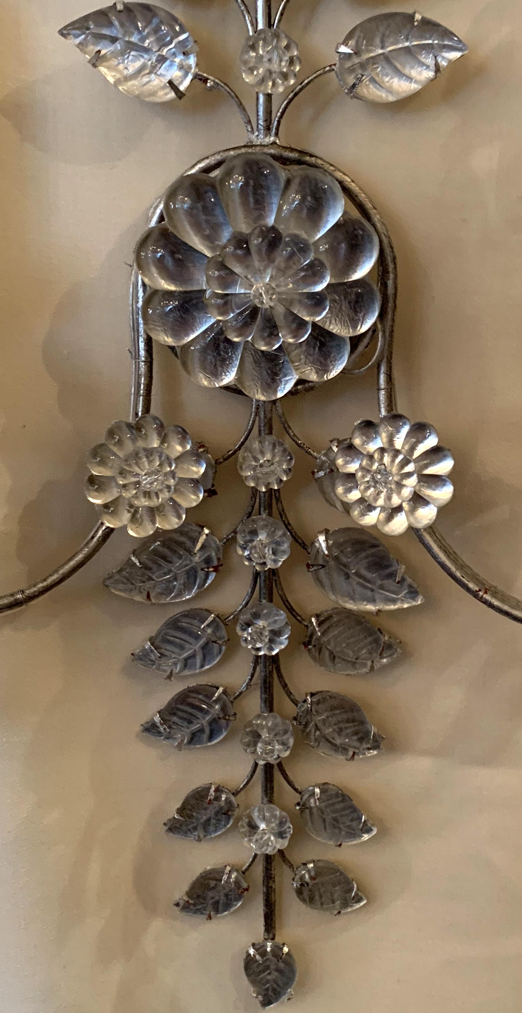 Gilt Mid-Century Modern Baguès French Rock Crystal Silver Leaf Beaded Crystal Sconces