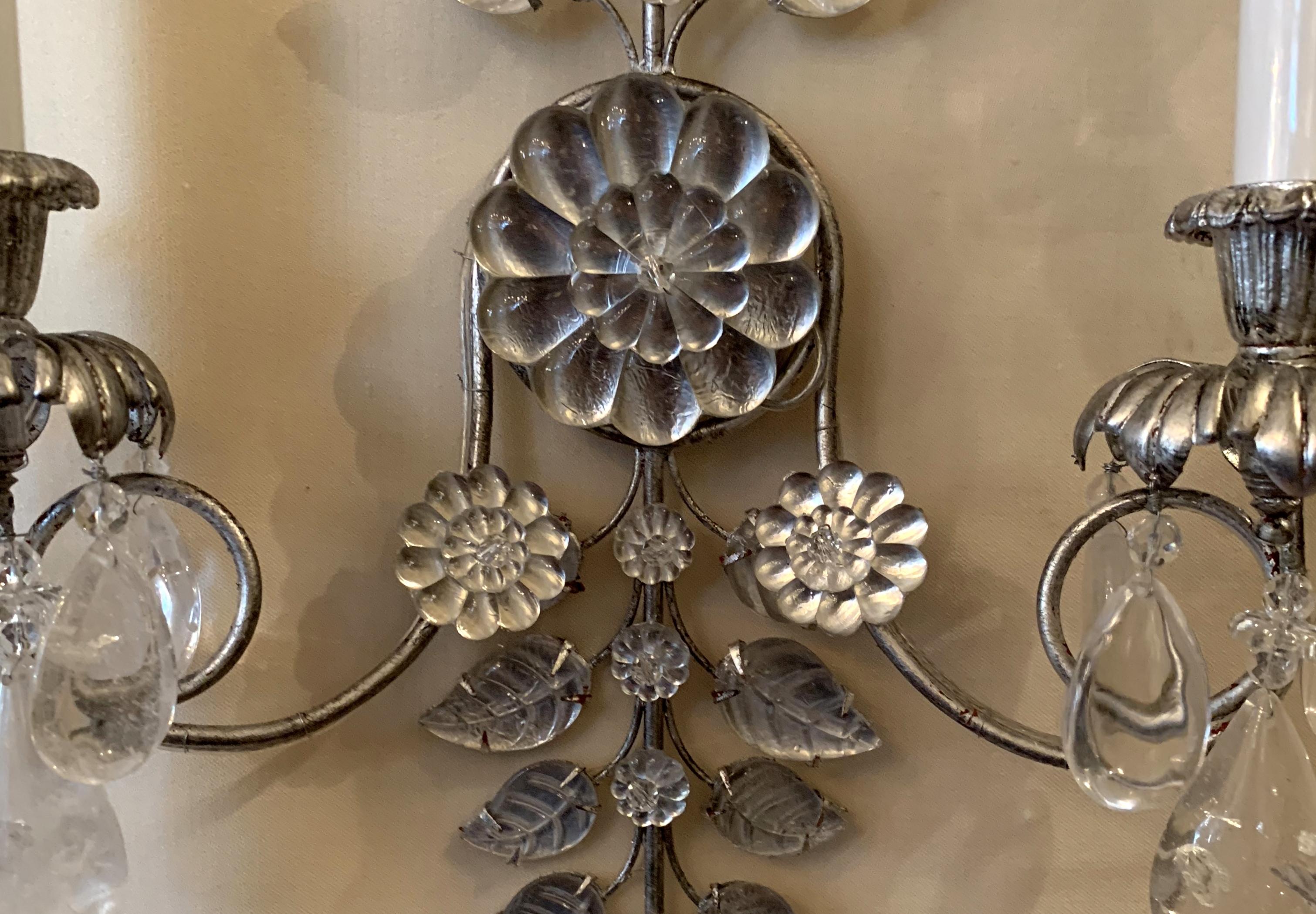 Mid-Century Modern Baguès French Rock Crystal Silver Leaf Beaded Crystal Sconces In Good Condition In Roslyn, NY