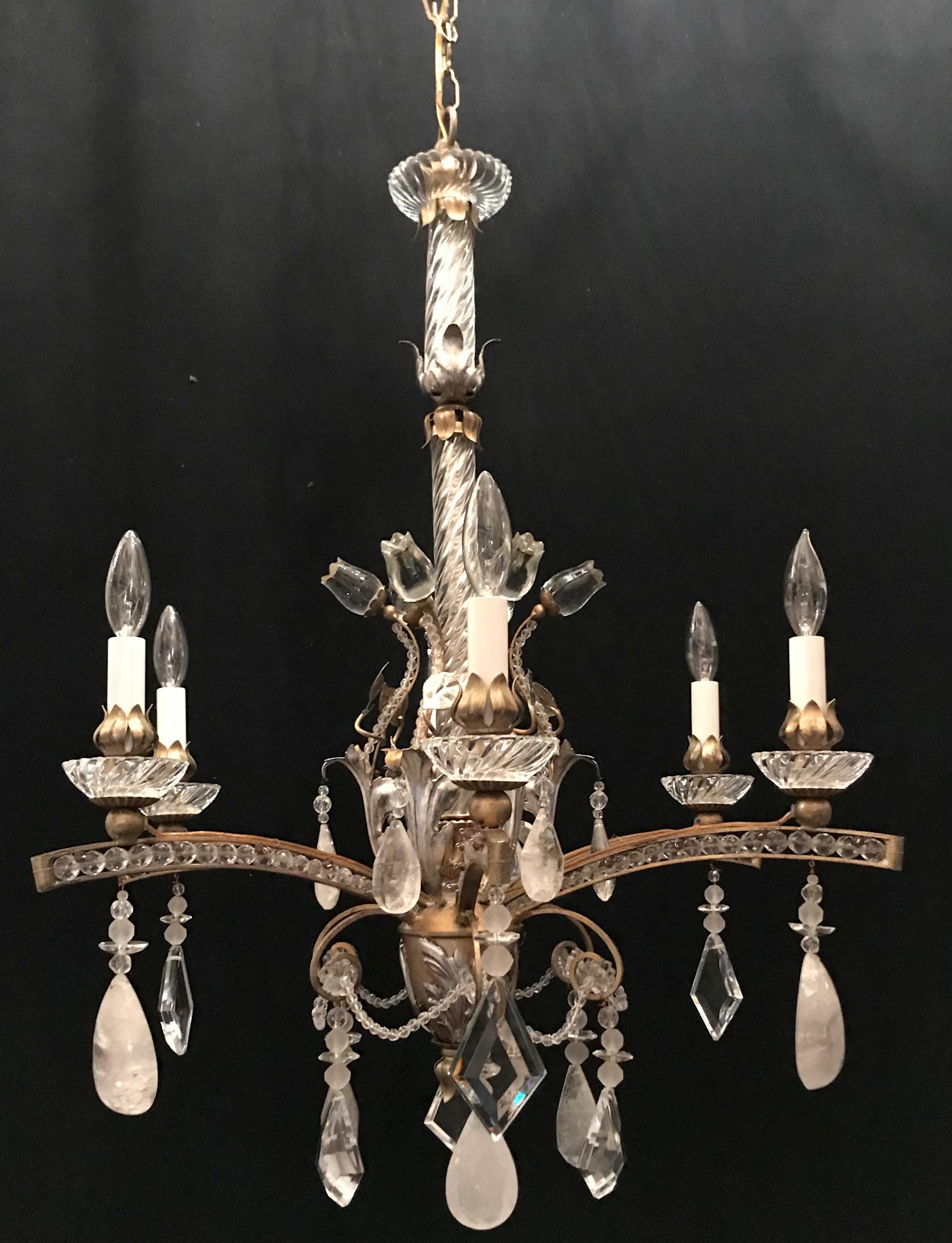 A wonderful Mid-Century Modern Baguès style rock crystal and amethyst crystal with gold and silver gilt body chandelier with beaded swags and a crystal swirl centre shaft and flower bouquet with 6 lights completely rewired and comes ready with chain