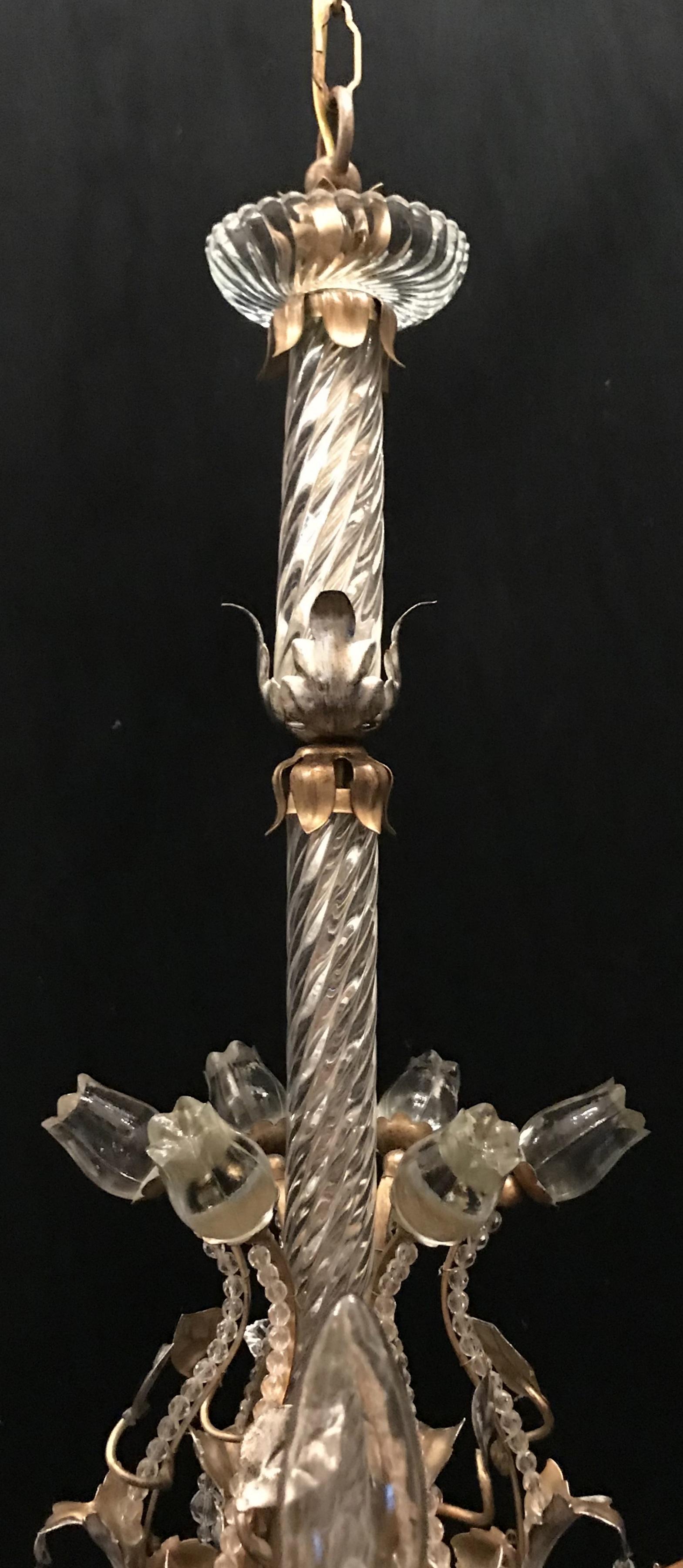 Italian Mid-Century Modern Baguès Rock Crystal Gold Silver Gilt Beaded Swag Chandelier For Sale