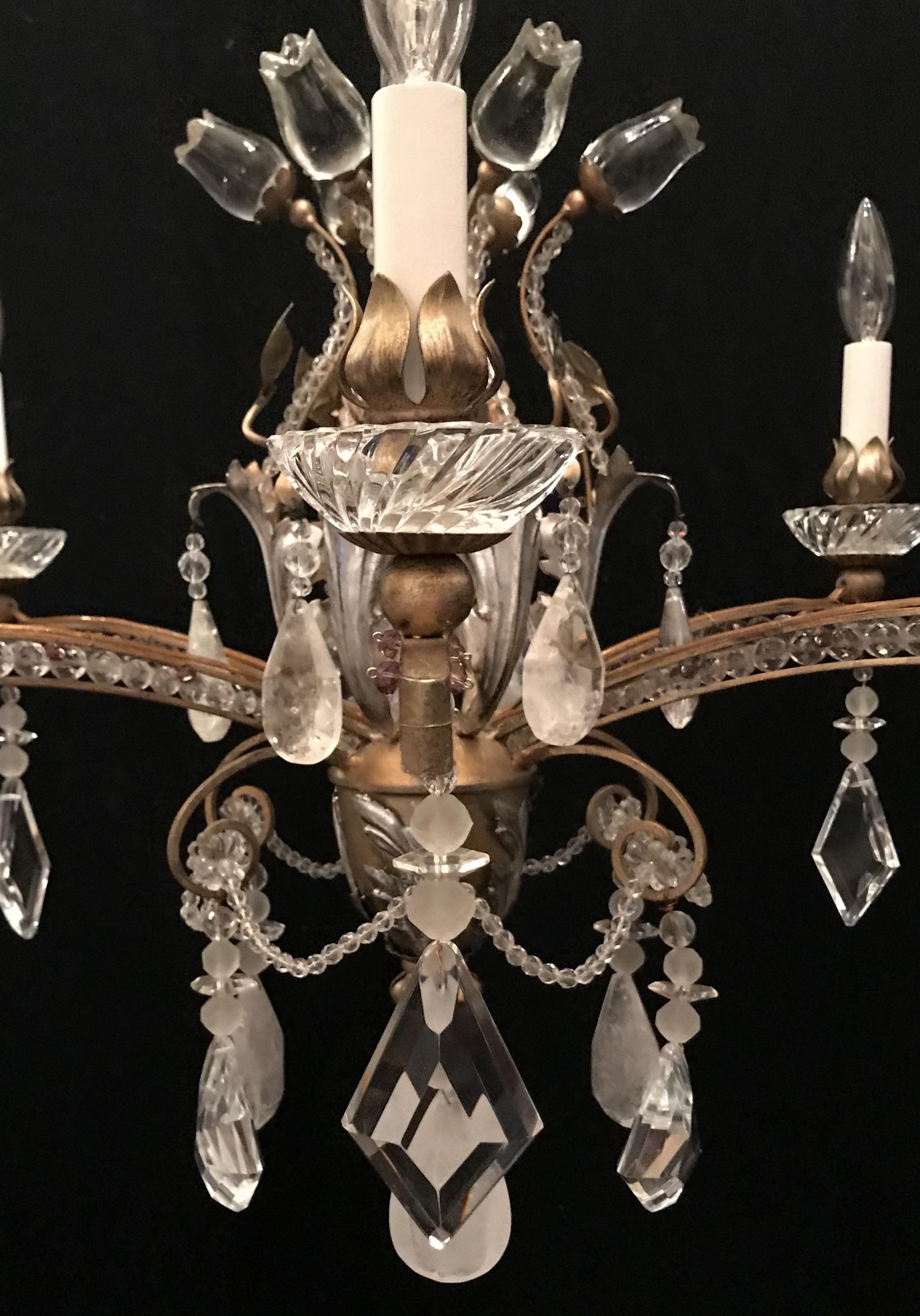 Mid-Century Modern Baguès Rock Crystal Gold Silver Gilt Beaded Swag Chandelier In Good Condition For Sale In Roslyn, NY