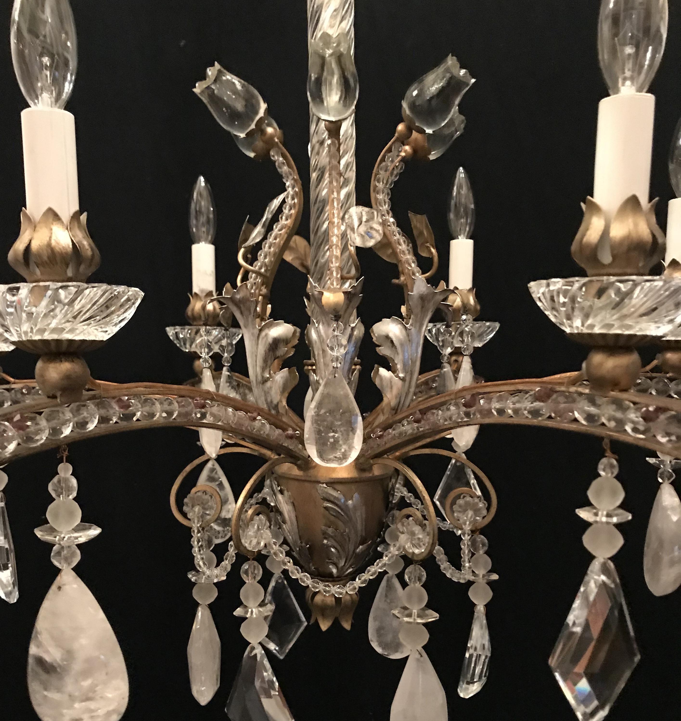 Mid-Century Modern Baguès Rock Crystal Gold Silver Gilt Beaded Swag Chandelier For Sale 2