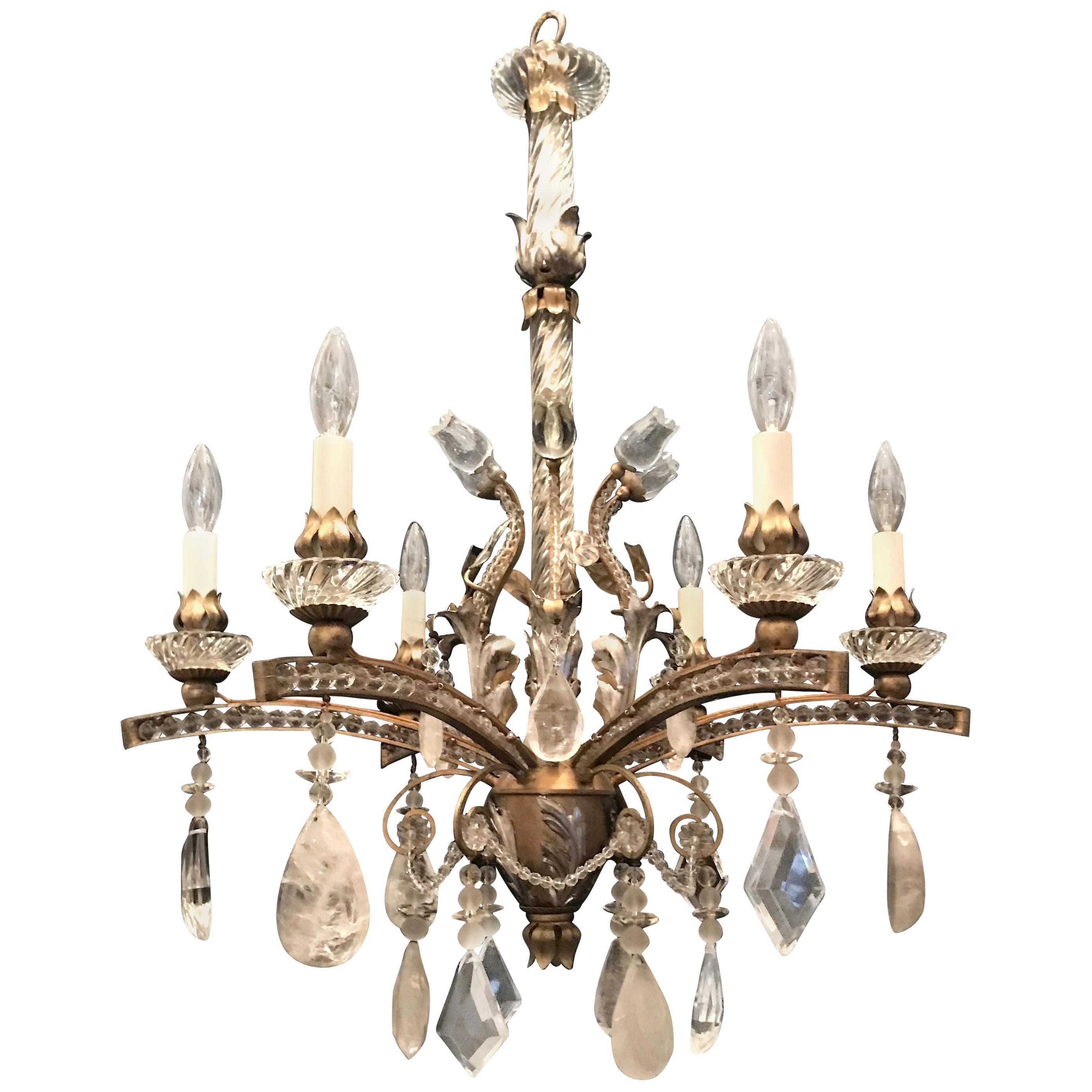 Mid-Century Modern Baguès Rock Crystal Gold Silver Gilt Beaded Swag Chandelier