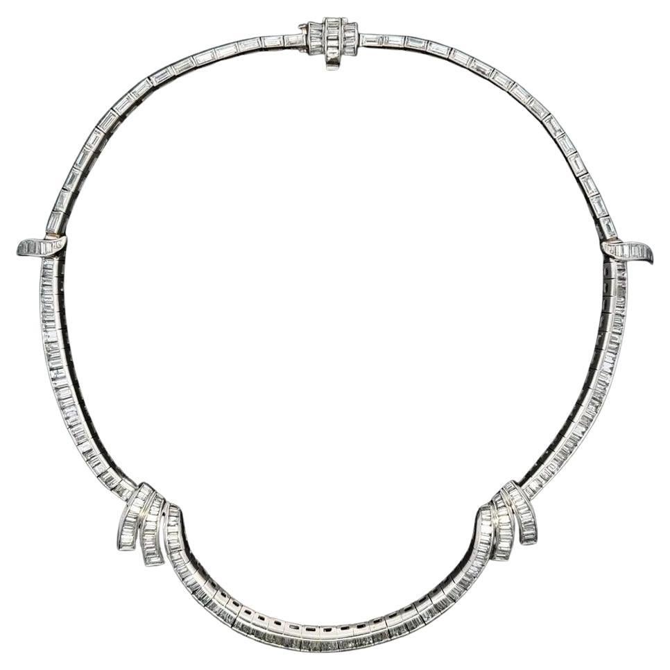 Choker-Halskette aus Platin mit Baguette-Diamant und Platin-Statement, Mid-Century Modern