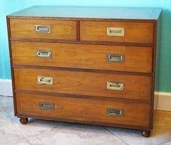 Mid-Century Modern Baker Five Drawer Campaign Style Walnut Chest of Drawers