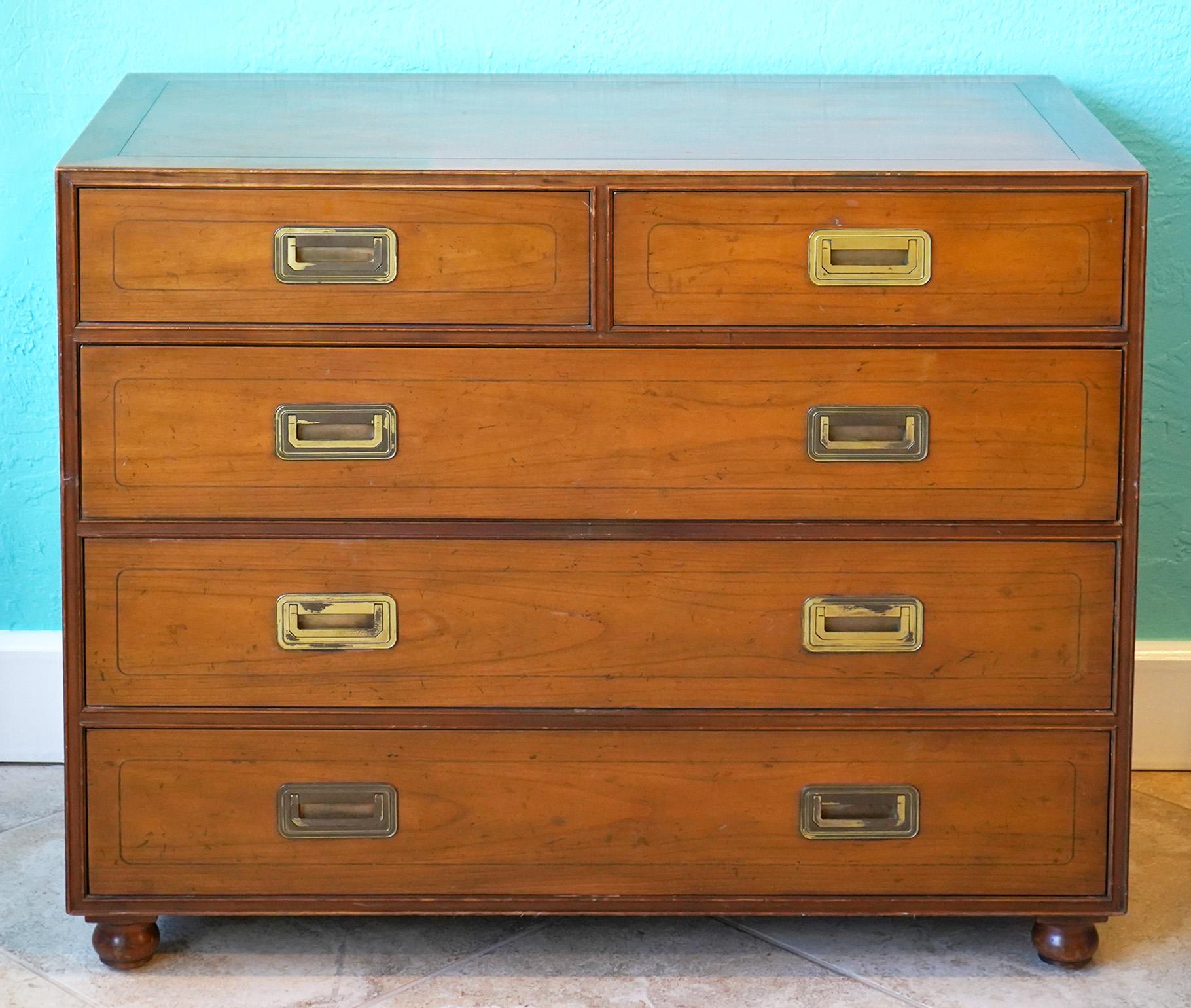 American Mid-Century Modern Baker Five Drawer Campaign Style Walnut Chest of Drawers