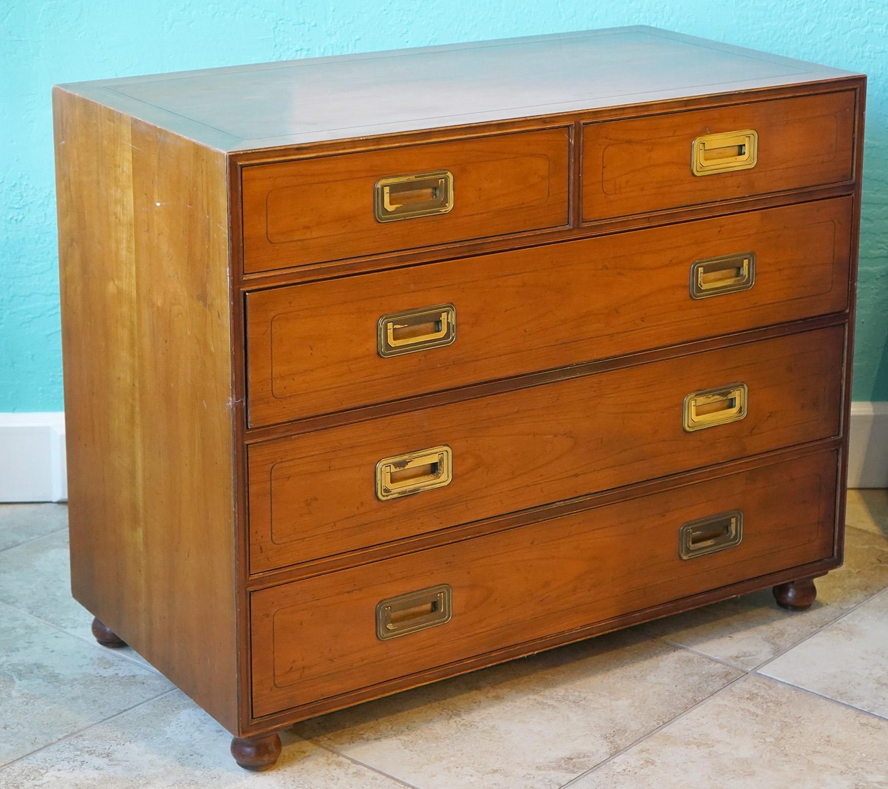 Mid-Century Modern Baker Five Drawer Campaign Style Walnut Chest of Drawers In Good Condition In Ft. Lauderdale, FL