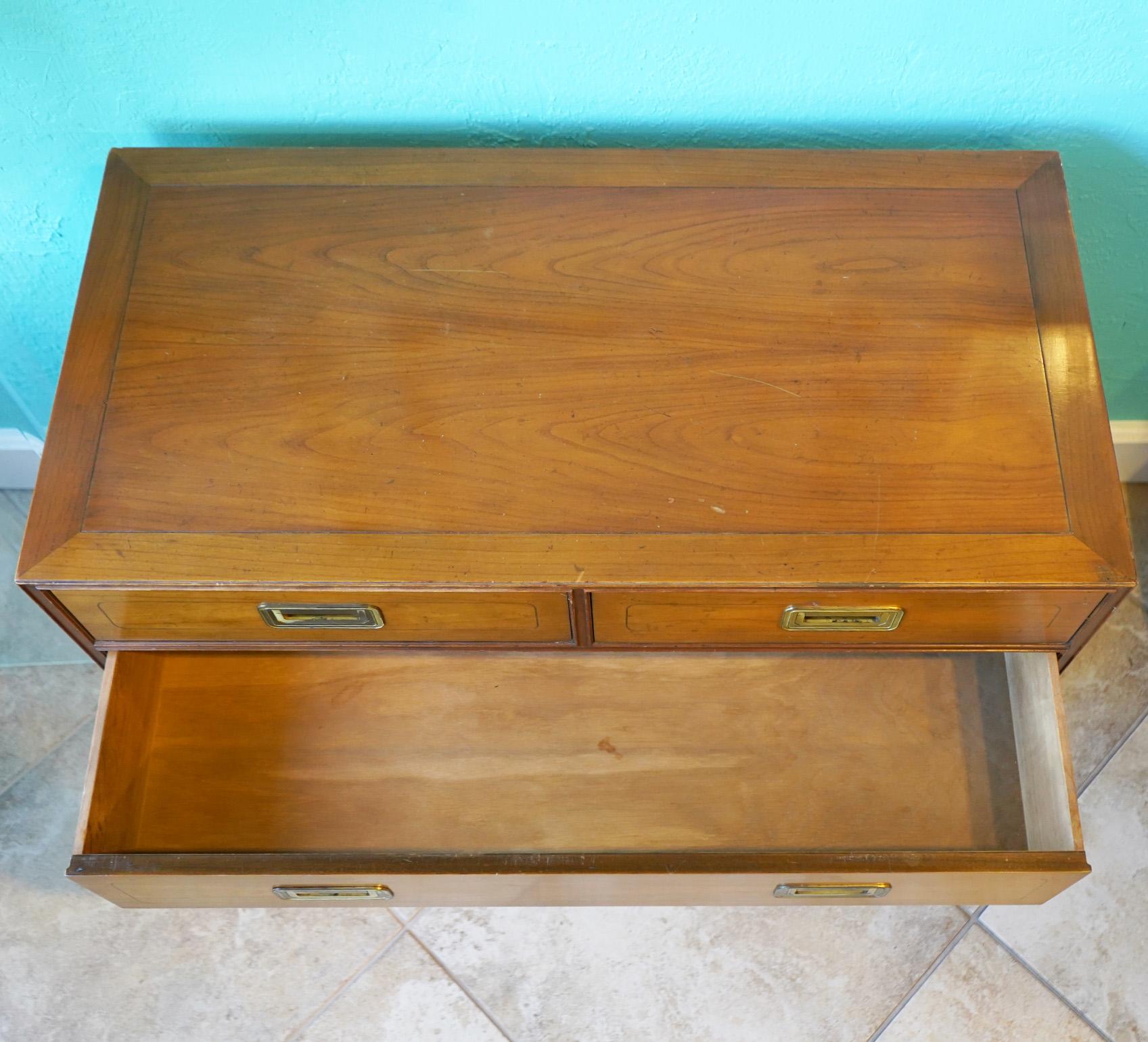 Mid-Century Modern Baker Five Drawer Campaign Style Walnut Chest of Drawers 1