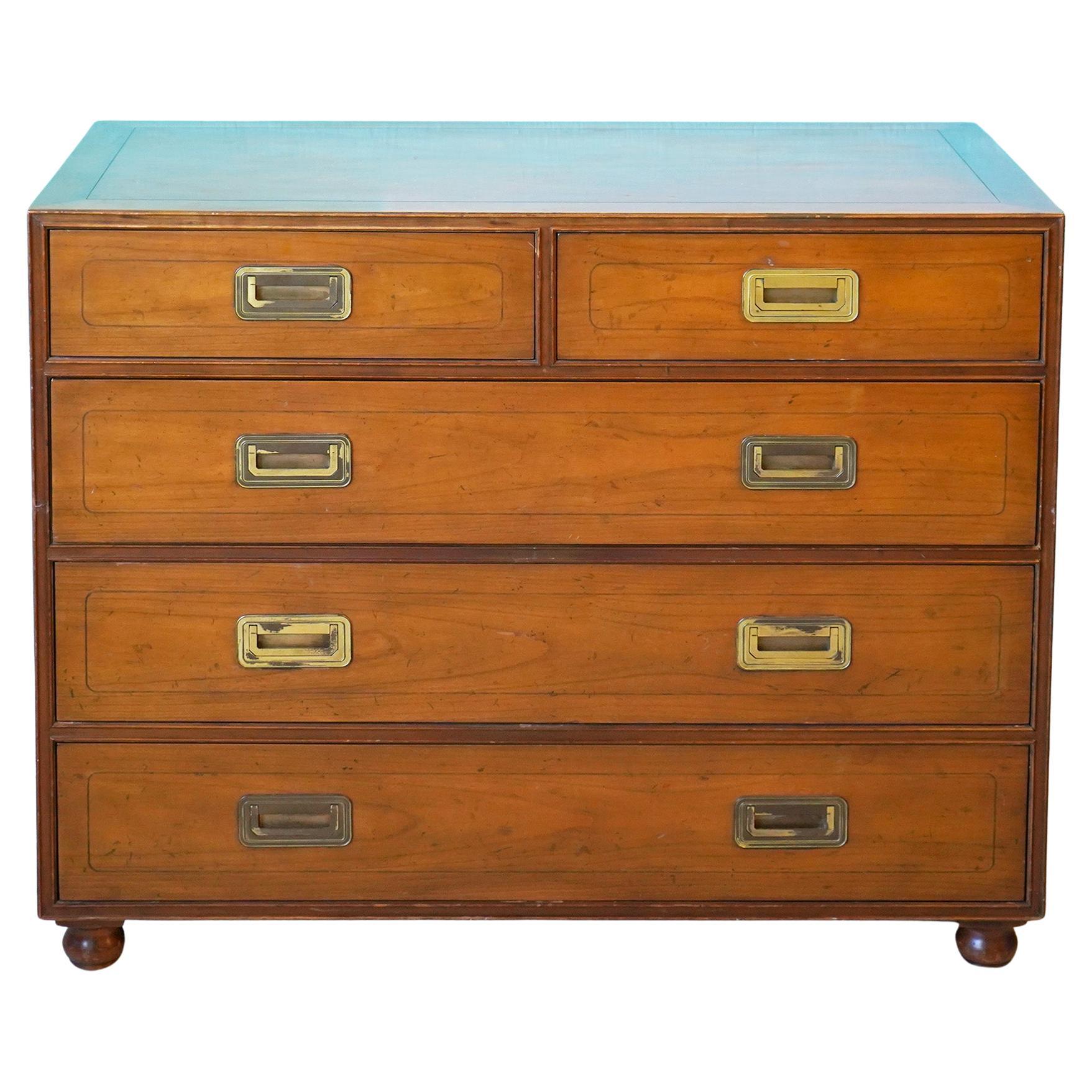 Mid-Century Modern Baker Five Drawer Campaign Style Walnut Chest of Drawers