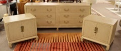 Mid-Century Modern Baker Grasscloth Asian Style Dresser & Pair of Nightstands