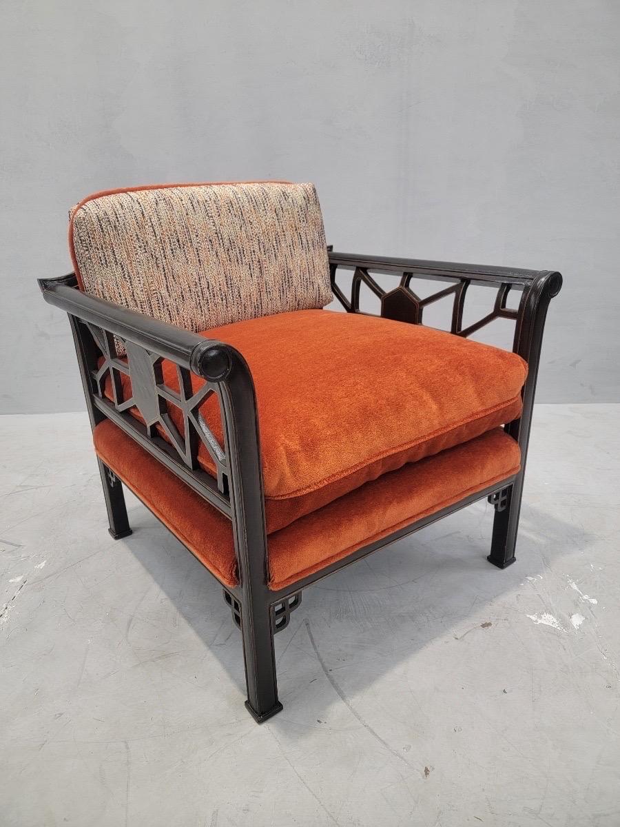 American Mid Century Modern Baker Style Black Ming Sofa & Chair Custom Upholstered For Sale