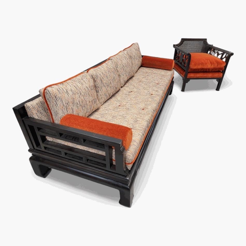 20th Century Mid Century Modern Baker Style Black Ming Sofa & Chair Custom Upholstered For Sale