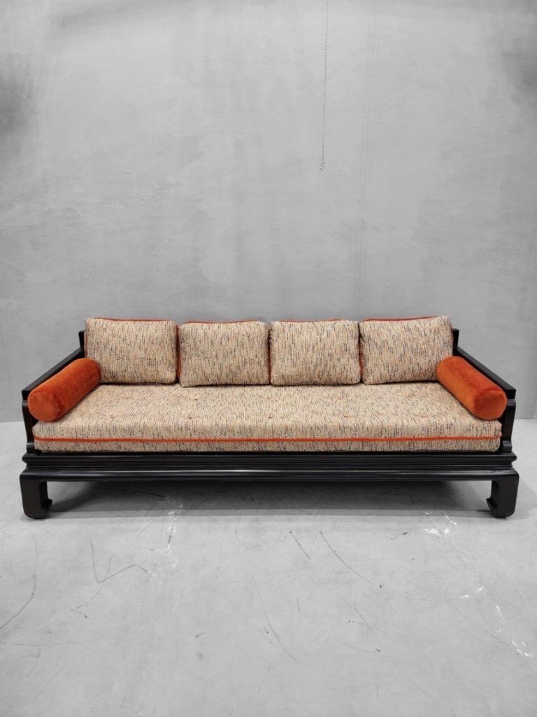 Mid Century Modern Baker Style Black Ming Sofa & Chair Custom Upholstered For Sale 1