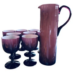Mid-Century Modern Balboa Deep Purple Venetian Cased Glass Pitcher & 8 Goblets