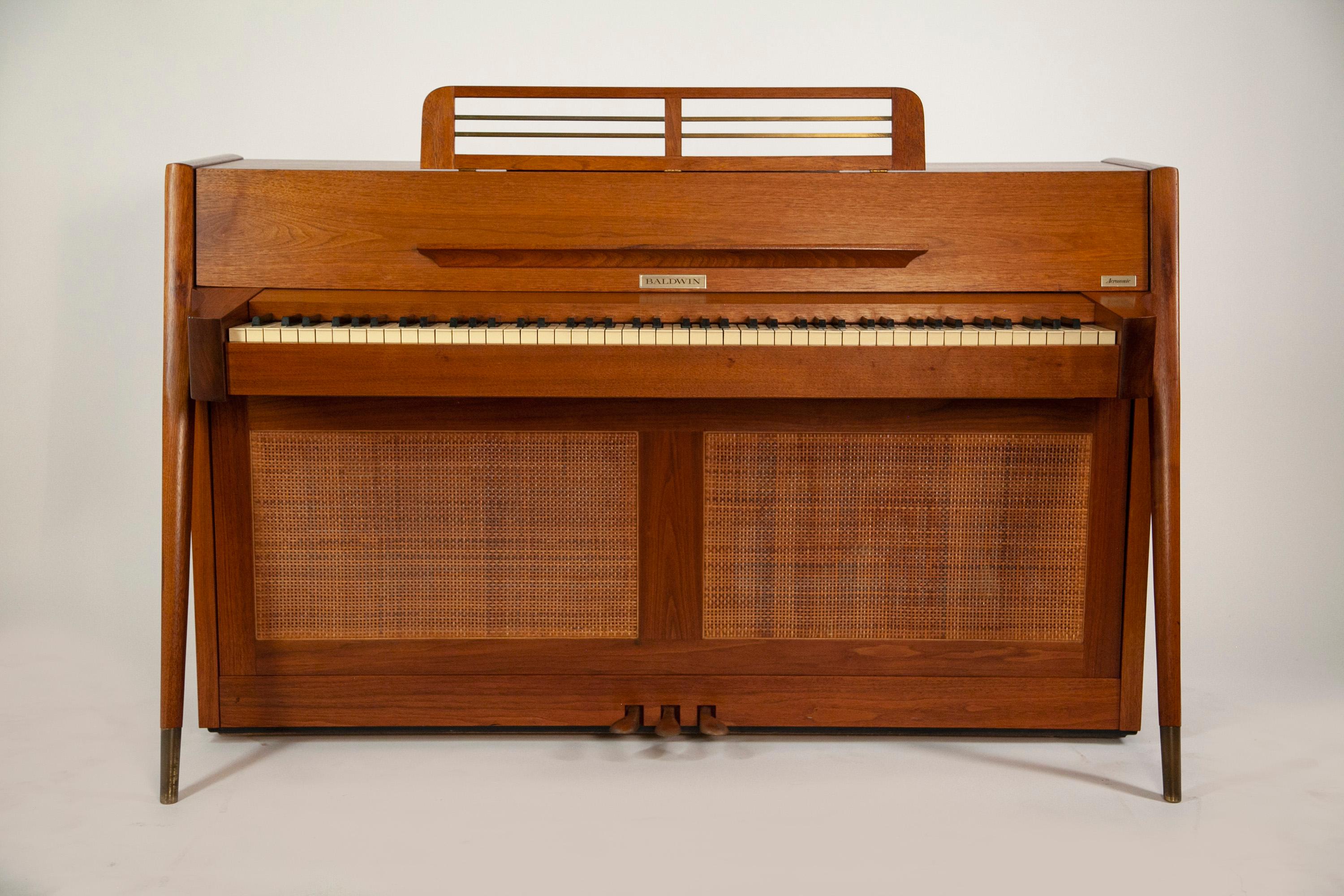 Brass Mid-Century Modern Baldwin Acrosonic Piano in Walnut and Caning, 1960's