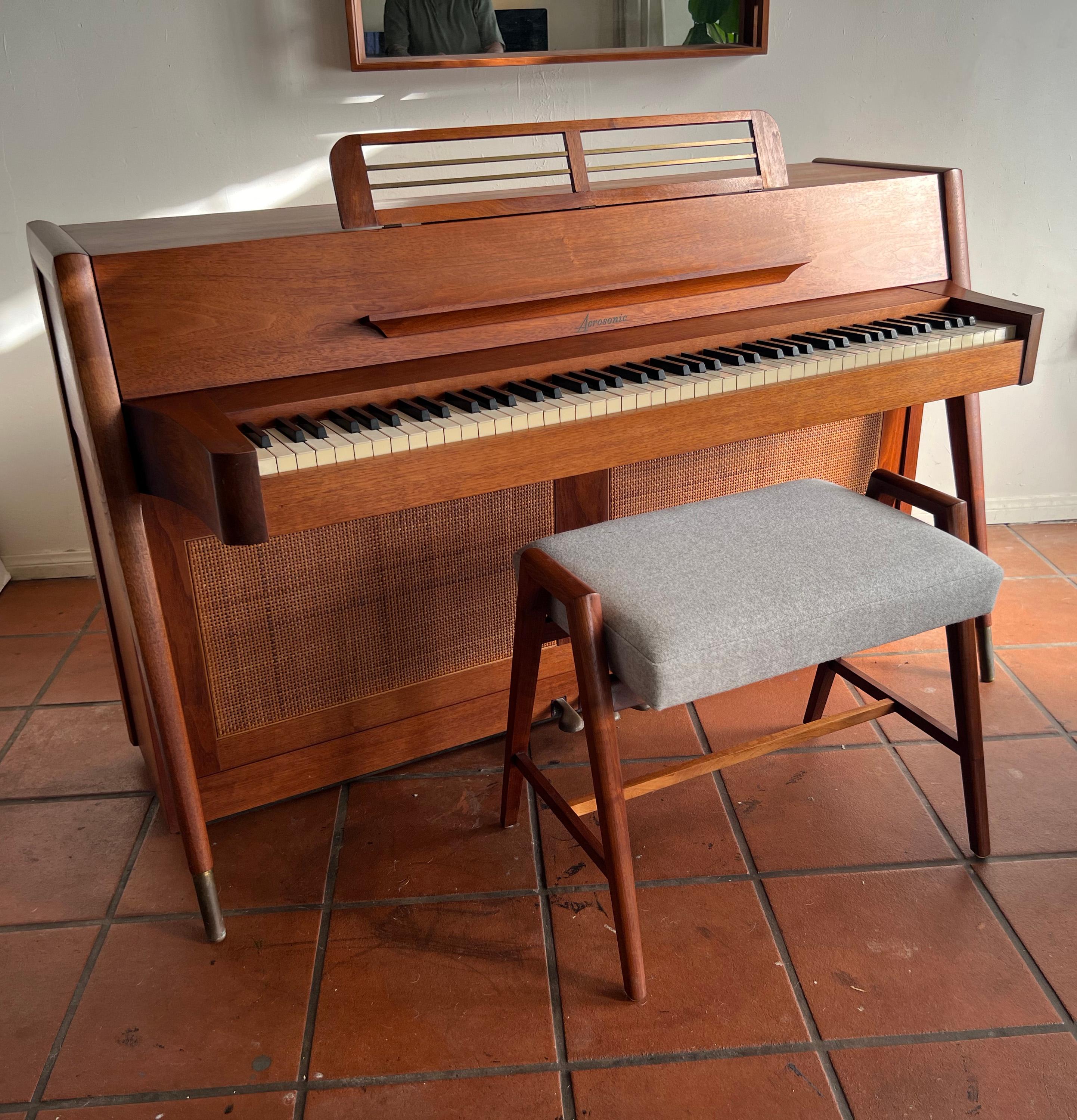 Mid-Century Modern Baldwin Acrosonic Piano in Walnut + Caning with Bench, 1960s 1